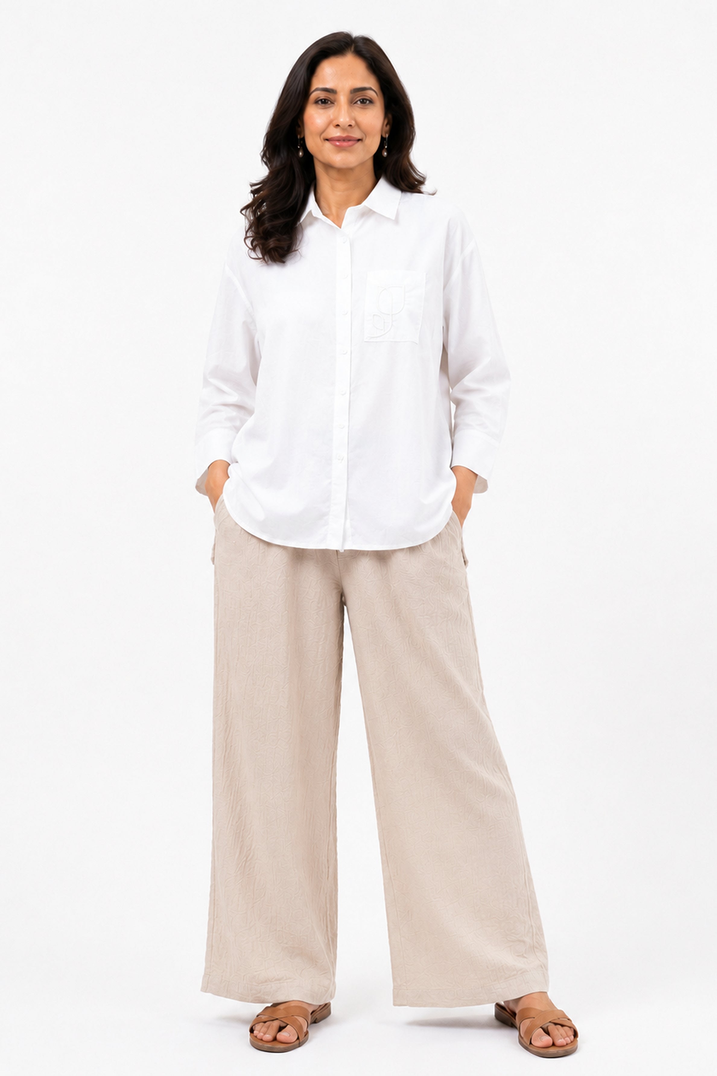 HADA Casual Relaxed Fit Button-Front Blouse - White