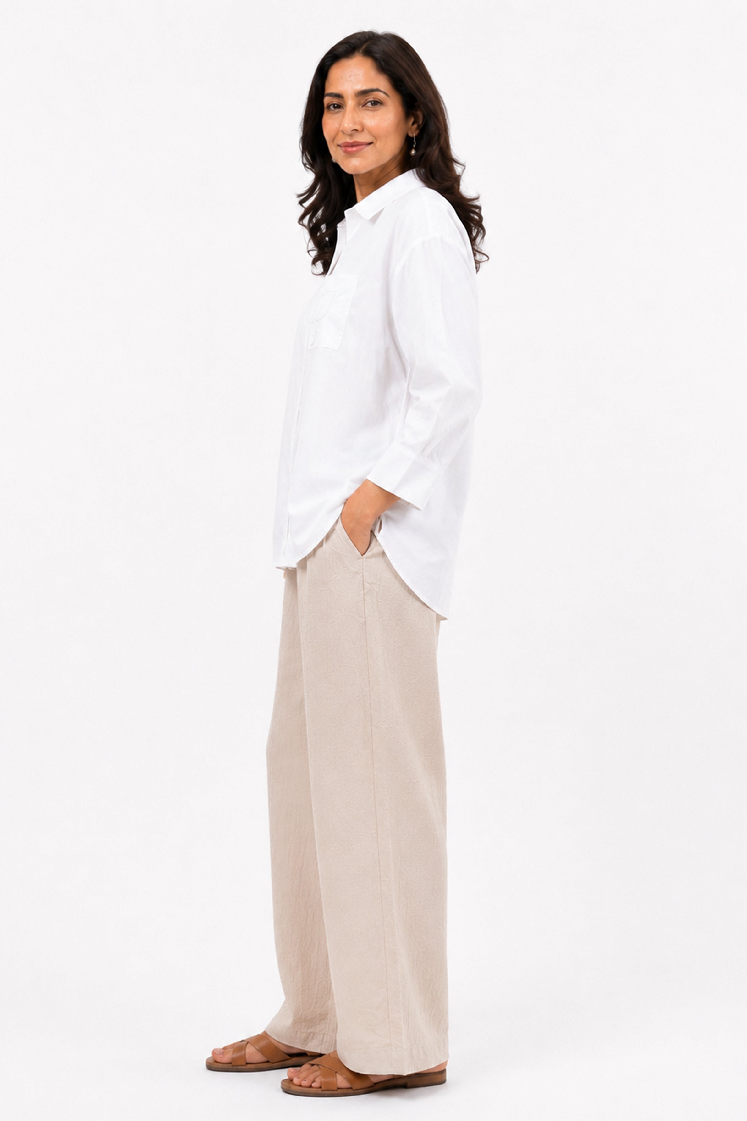 HADA Casual Relaxed Fit Button-Front Blouse - White
