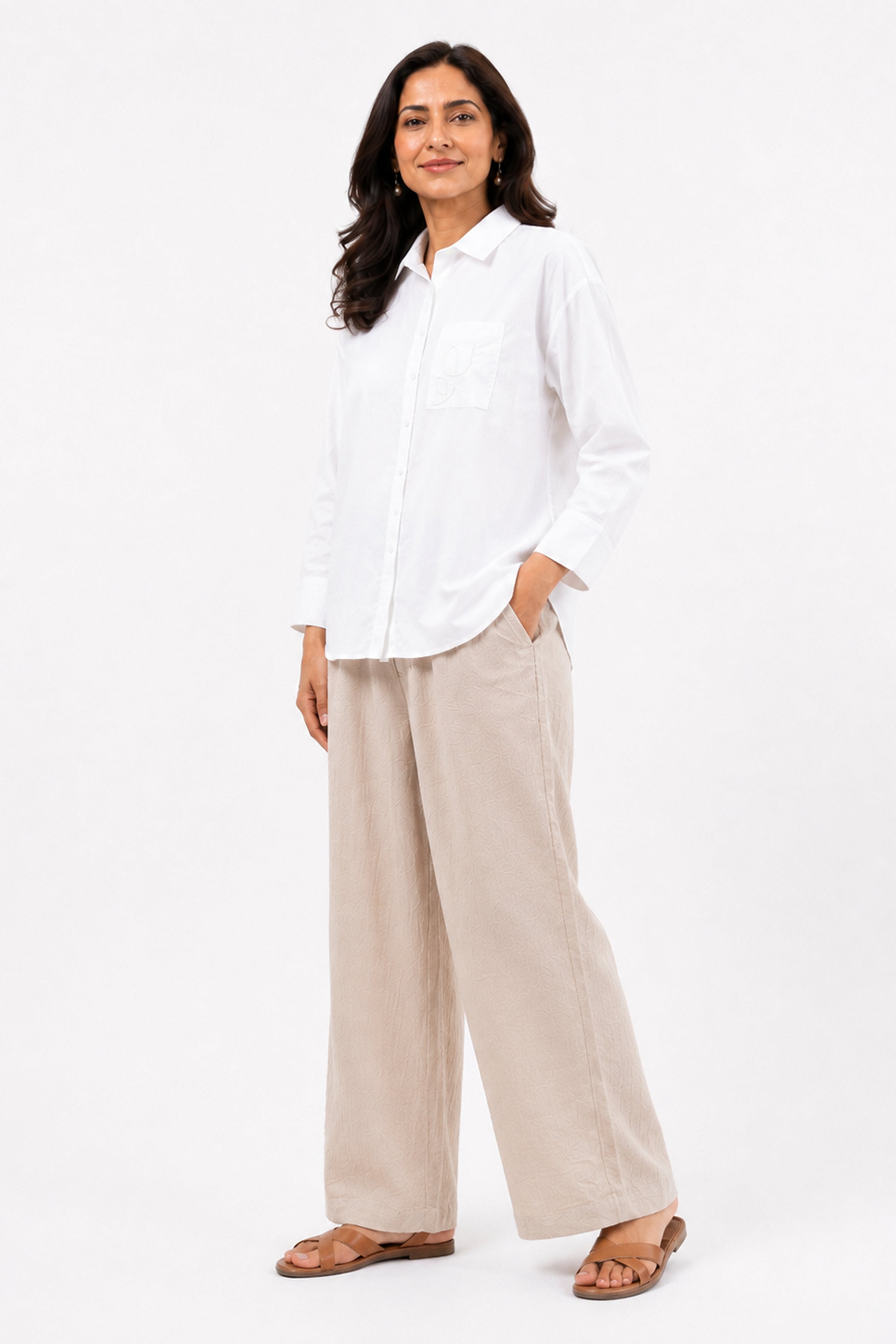 HADA Casual Relaxed Fit Button-Front Blouse - White