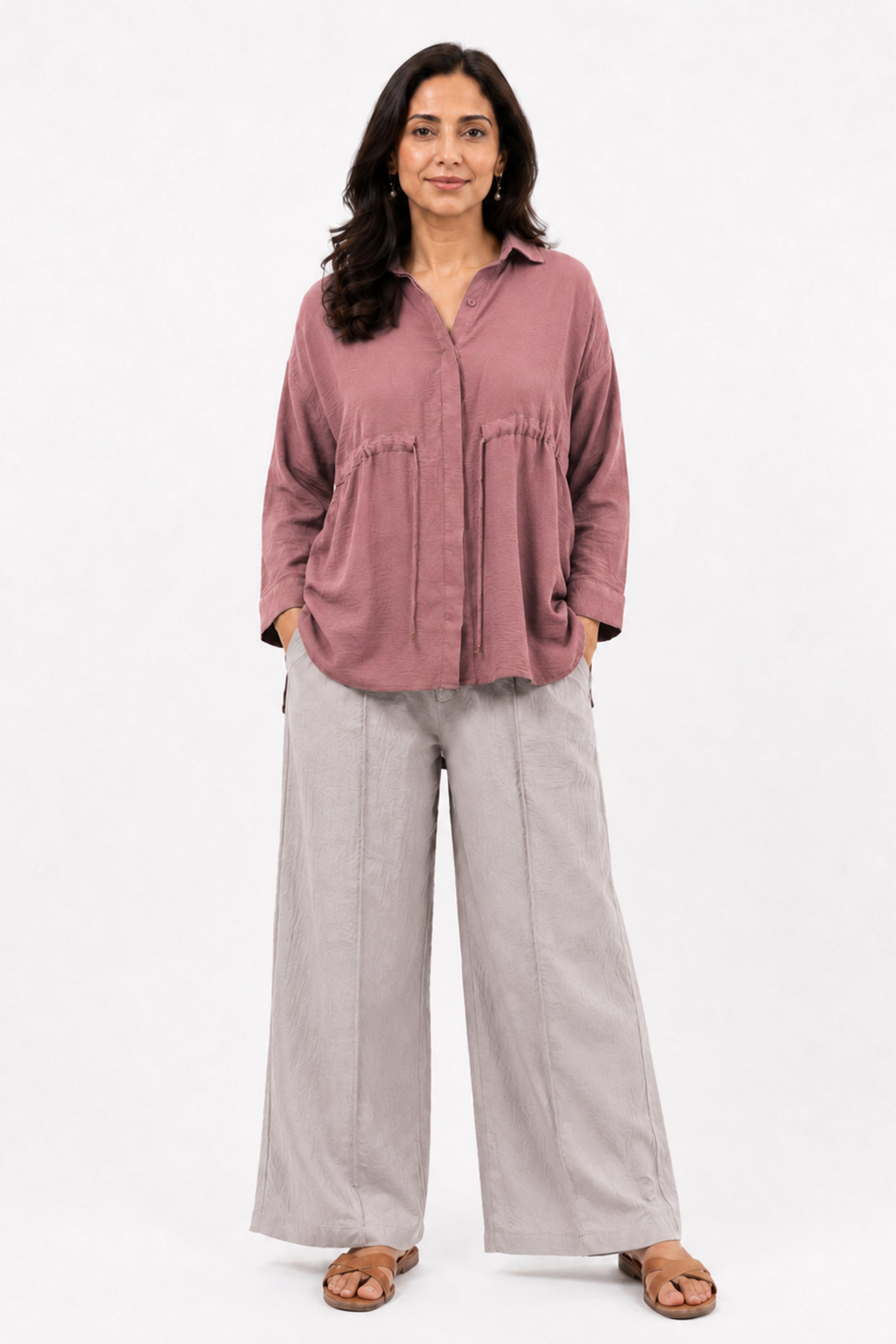 HADA Casual Relaxed Fit Button-Front Peplum Top - Dull Purple