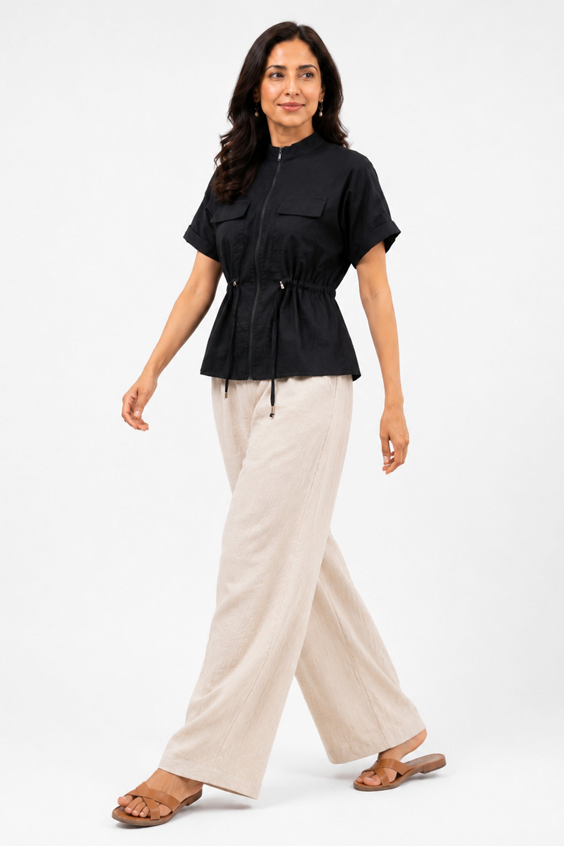 HADA Relaxed Fit Zipper-Front Blouse - Black