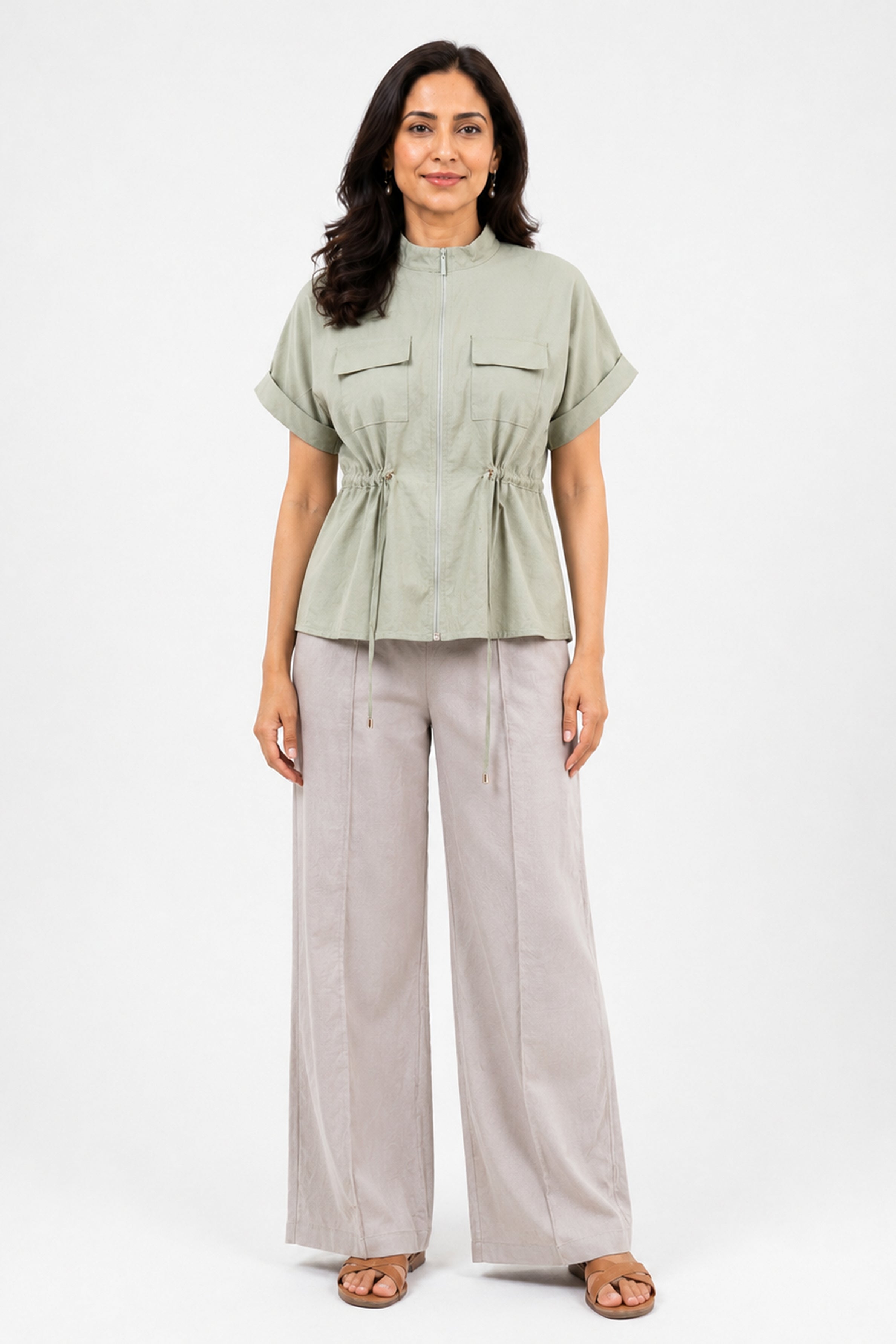 HADA Relaxed Fit Zipper-Front Blouse - Green