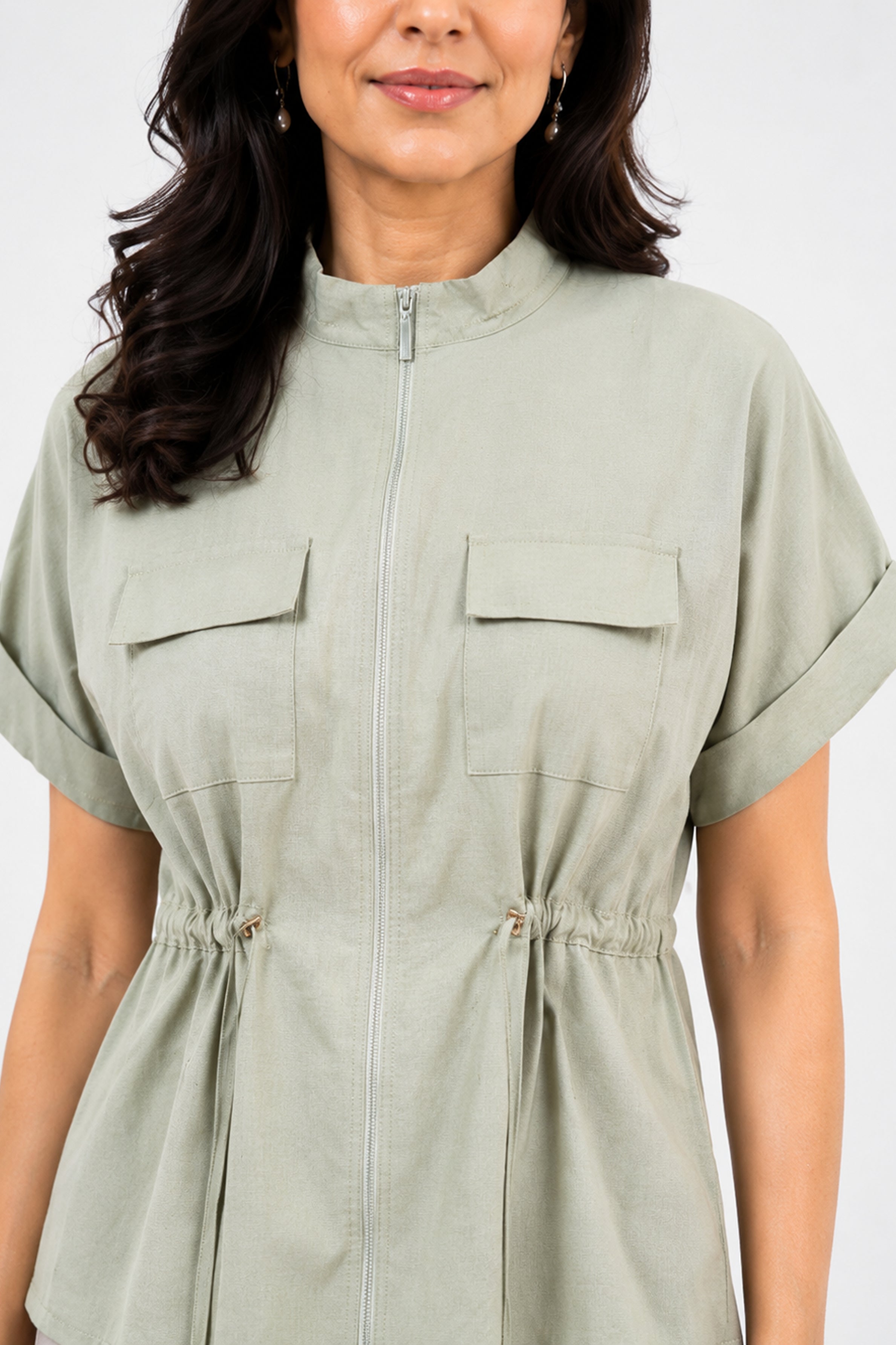 HADA Relaxed Fit Zipper-Front Blouse - Green