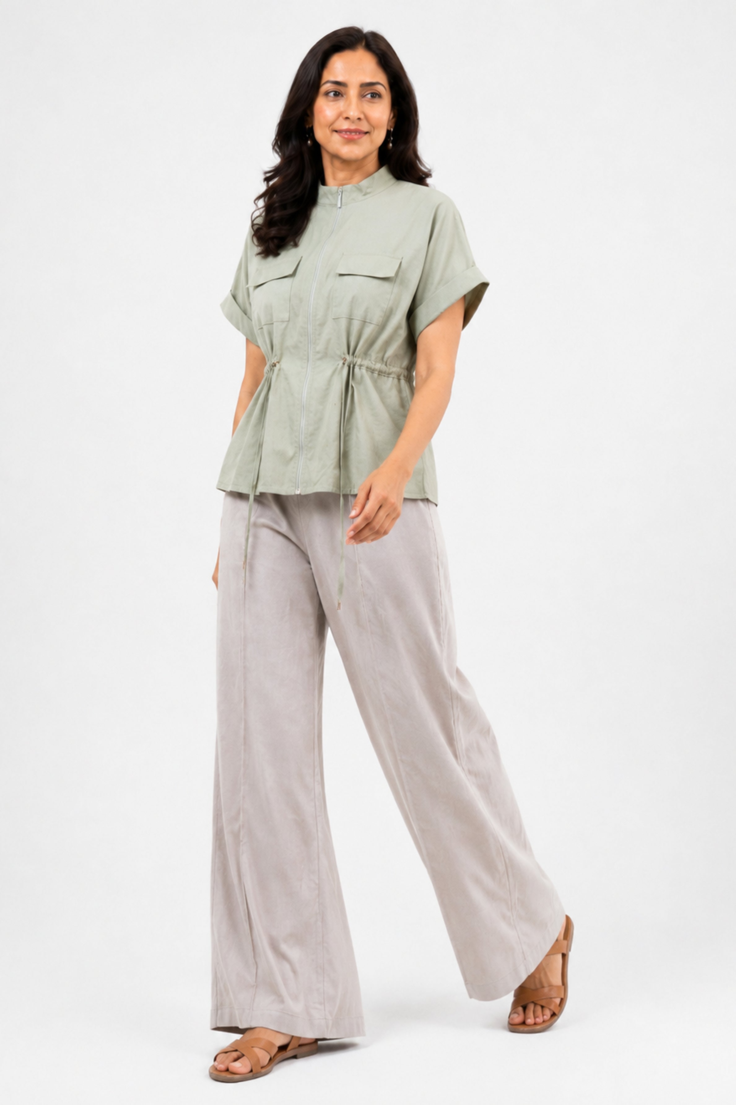 HADA Relaxed Fit Zipper-Front Blouse - Green