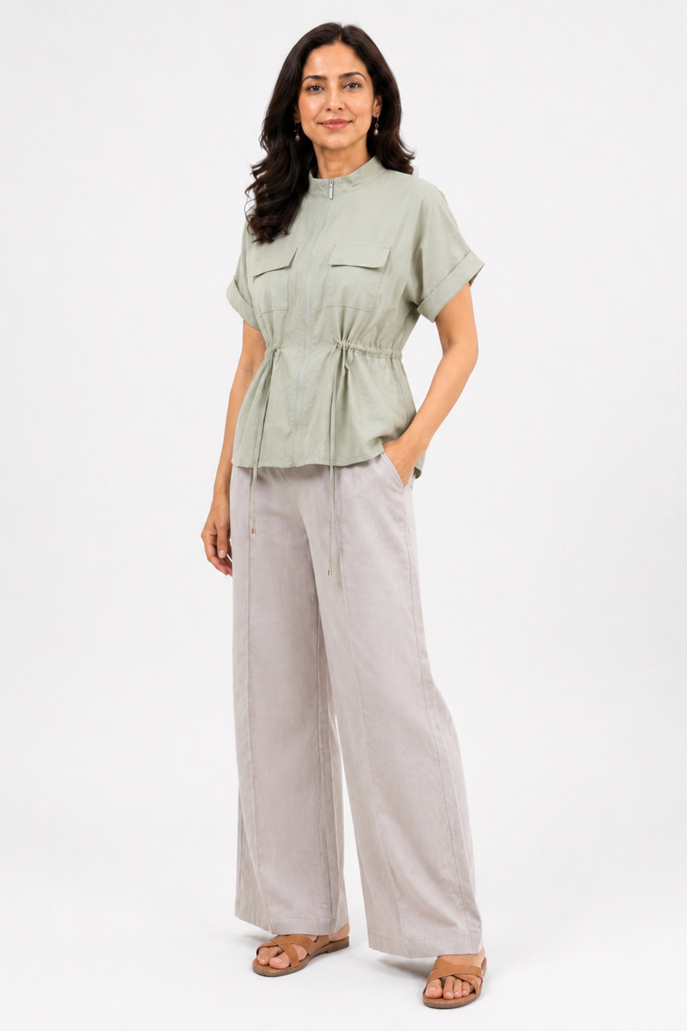 HADA Relaxed Fit Zipper-Front Blouse - Green
