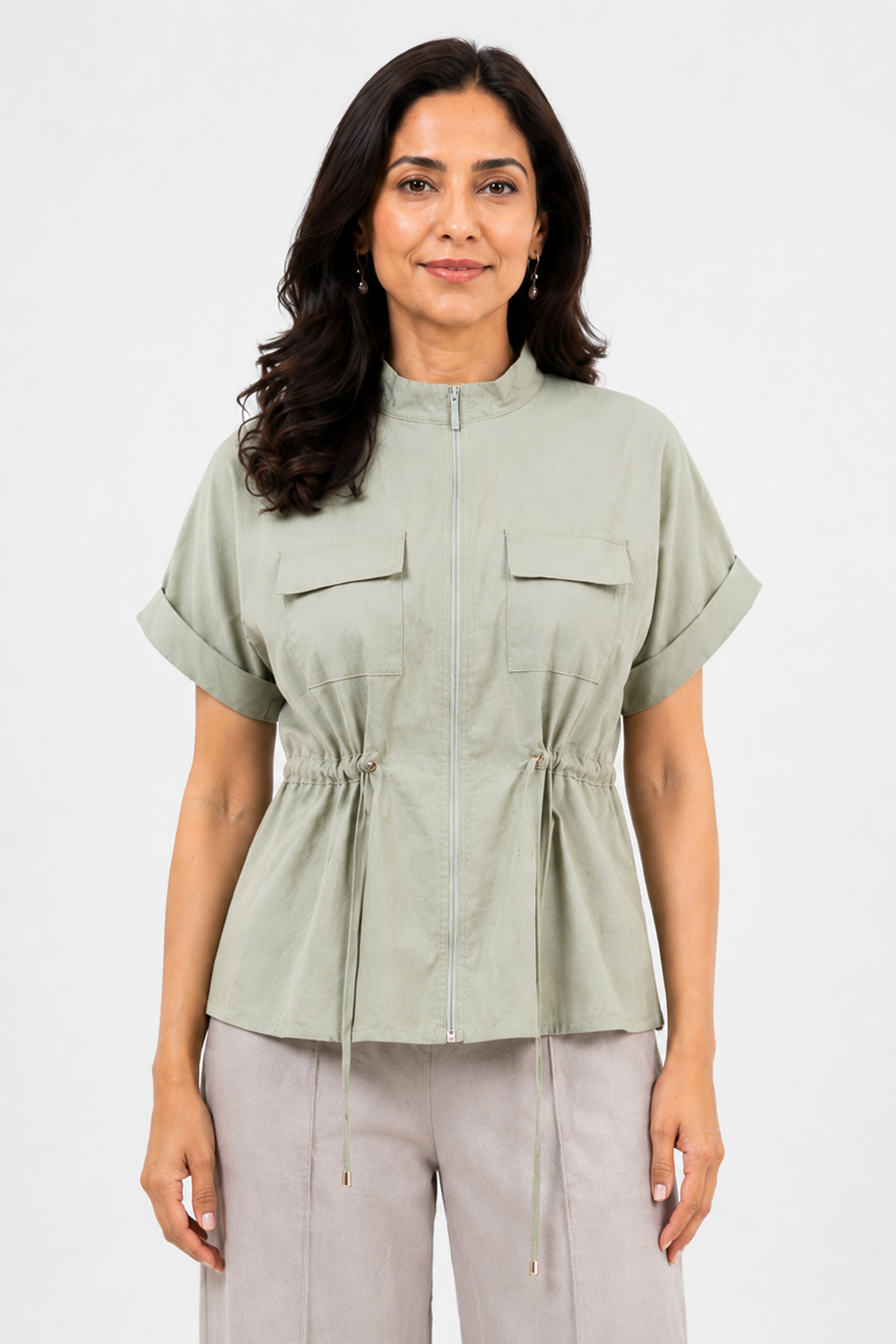 HADA Relaxed Fit Zipper-Front Blouse - Green