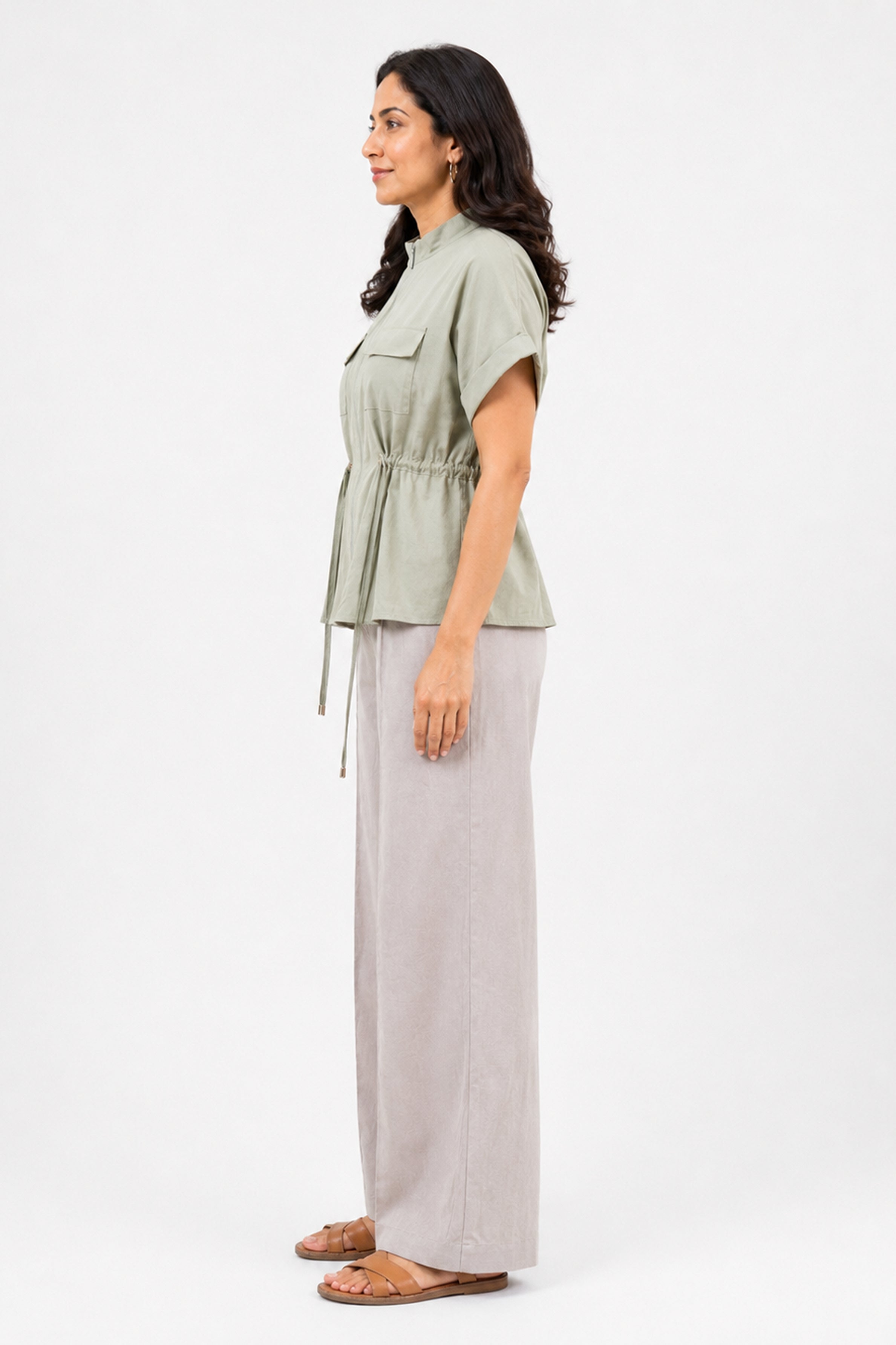 HADA Relaxed Fit Zipper-Front Blouse - Green