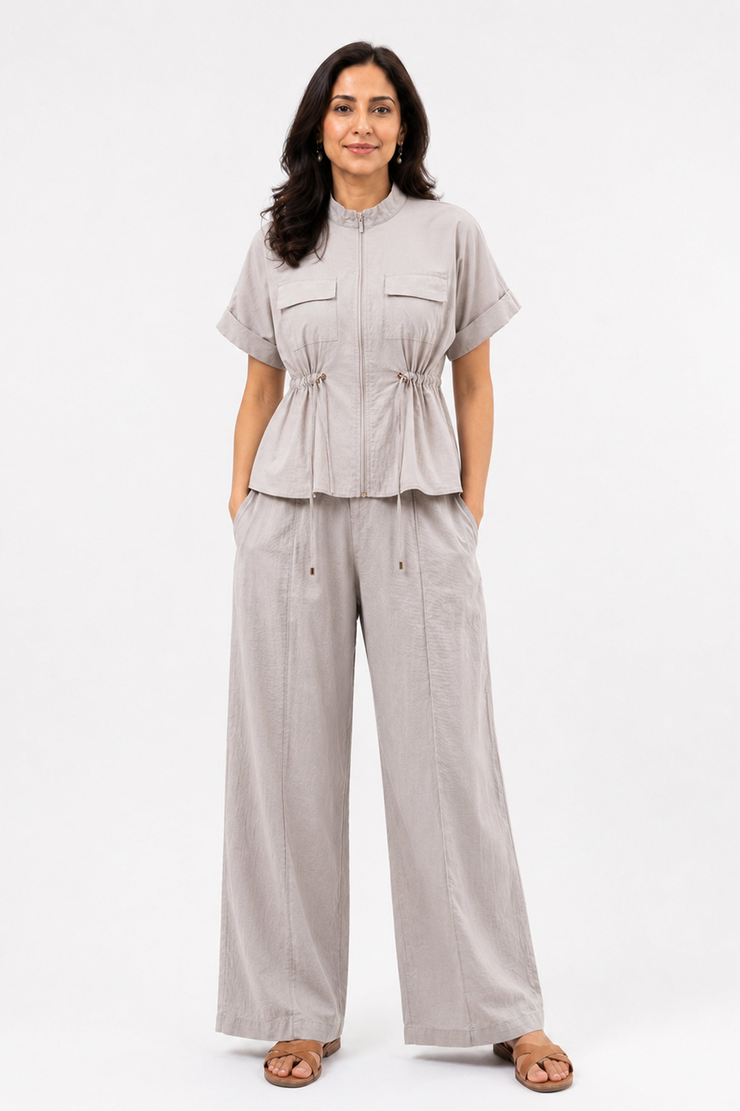 HADA Relaxed Fit Zipper-Front Blouse - Beige