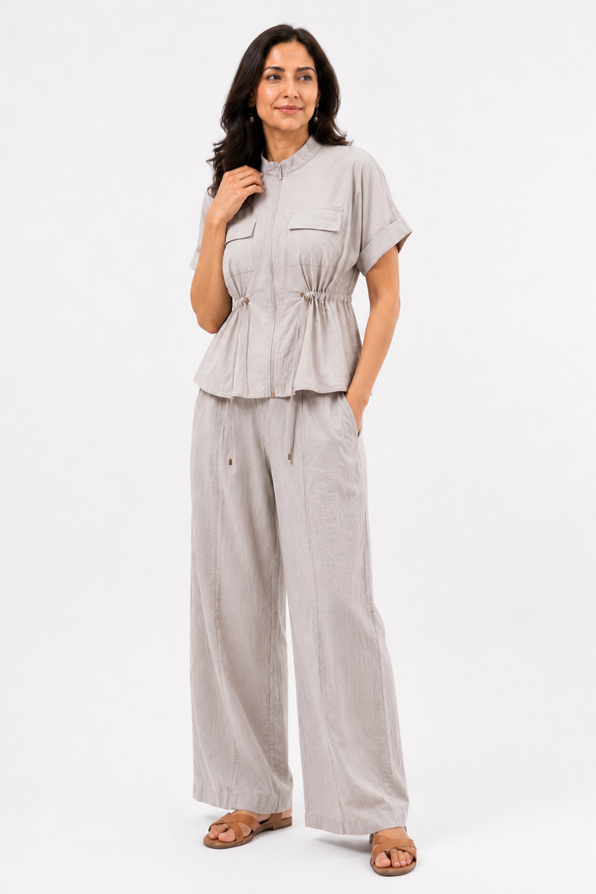 HADA Relaxed Fit Zipper-Front Blouse - Beige