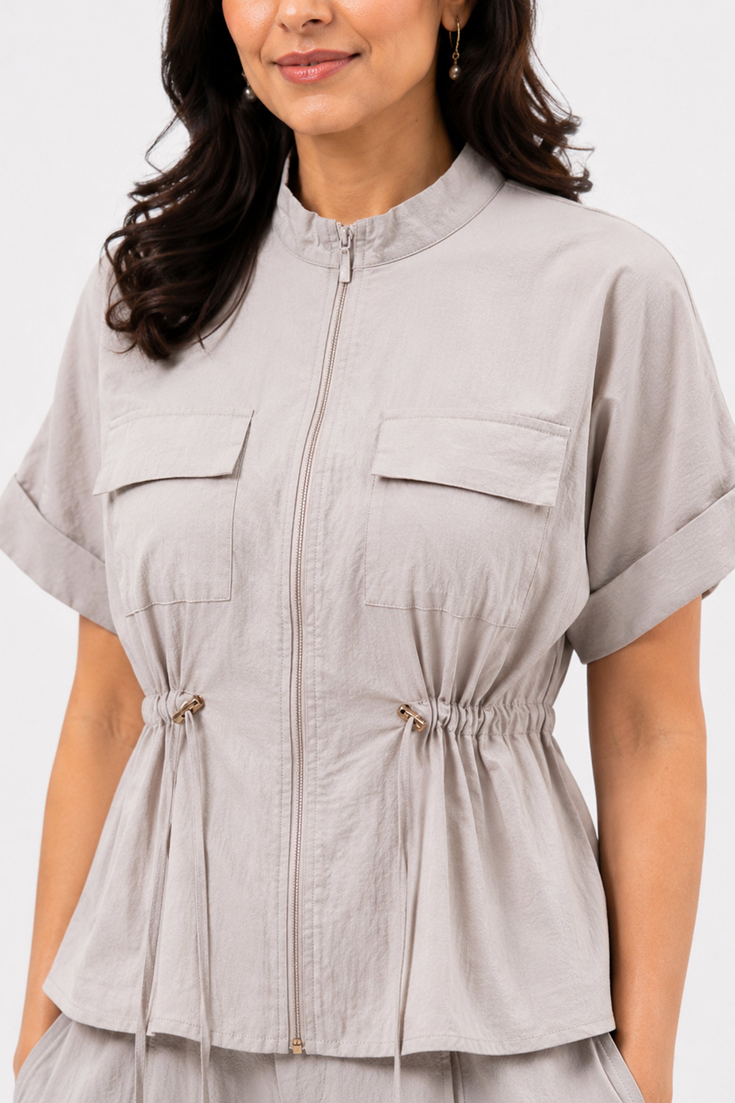 HADA Relaxed Fit Zipper-Front Blouse - Beige