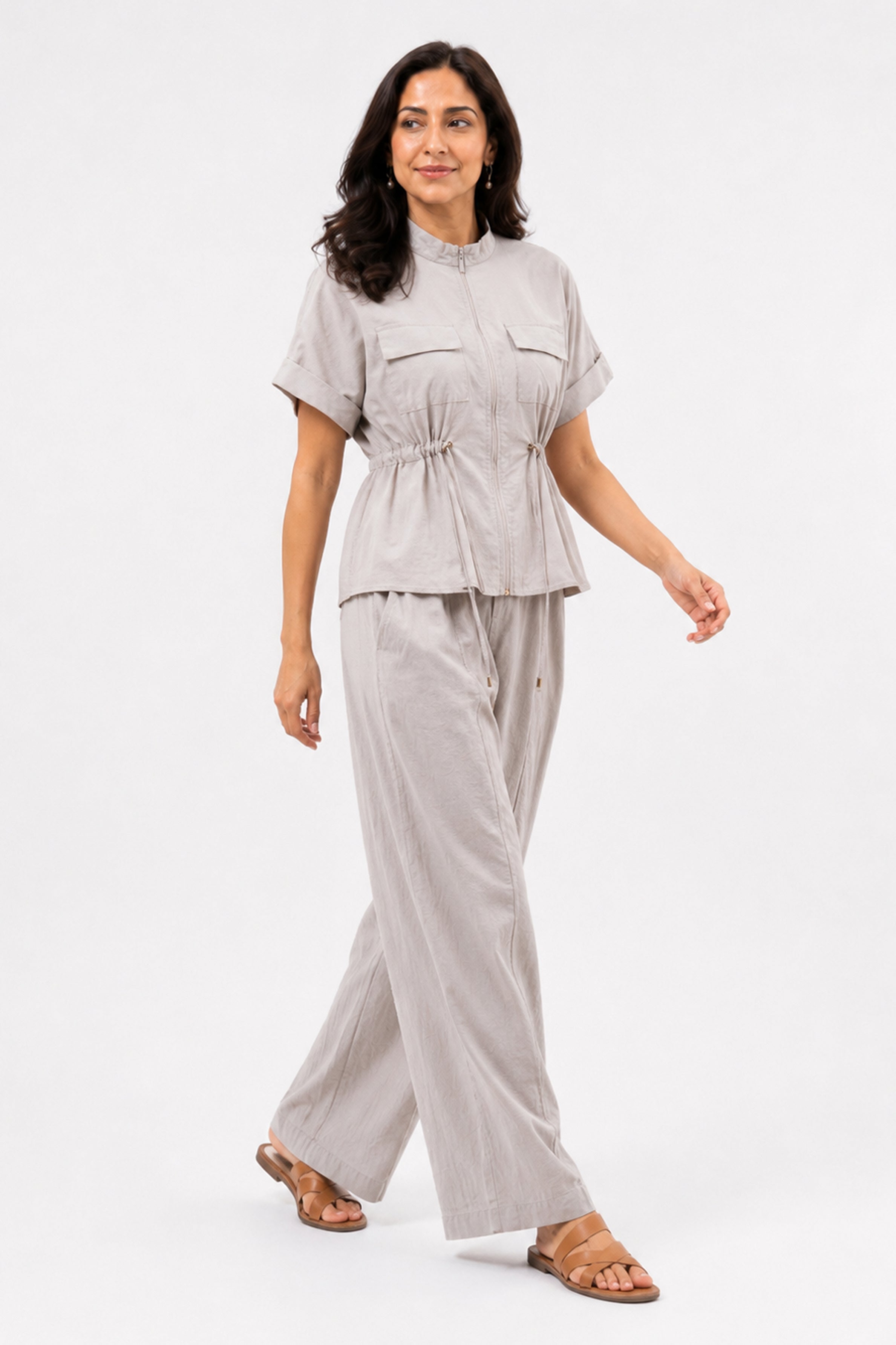 HADA Relaxed Fit Zipper-Front Blouse - Beige