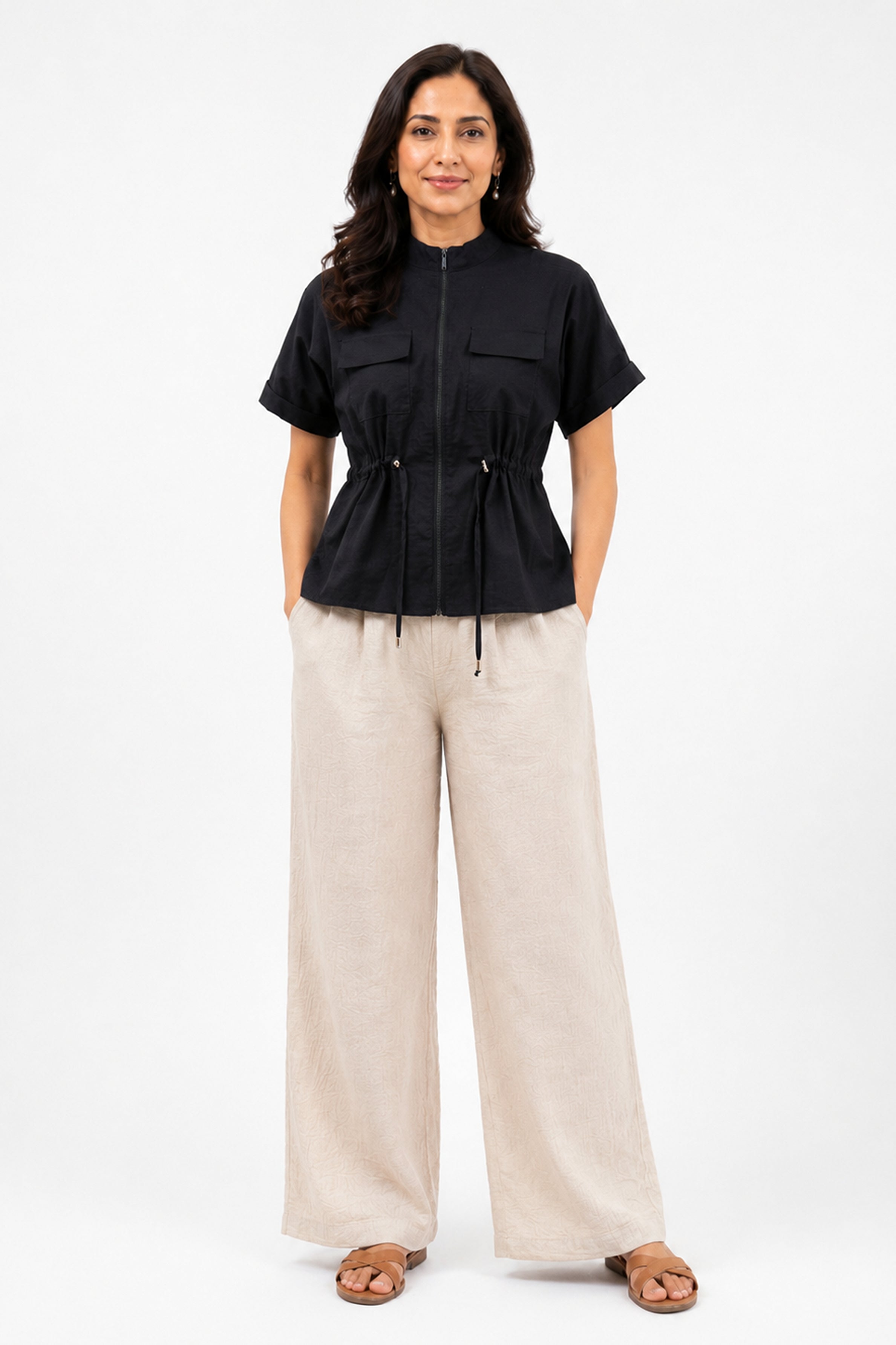 HADA Relaxed Fit Zipper-Front Blouse - Black