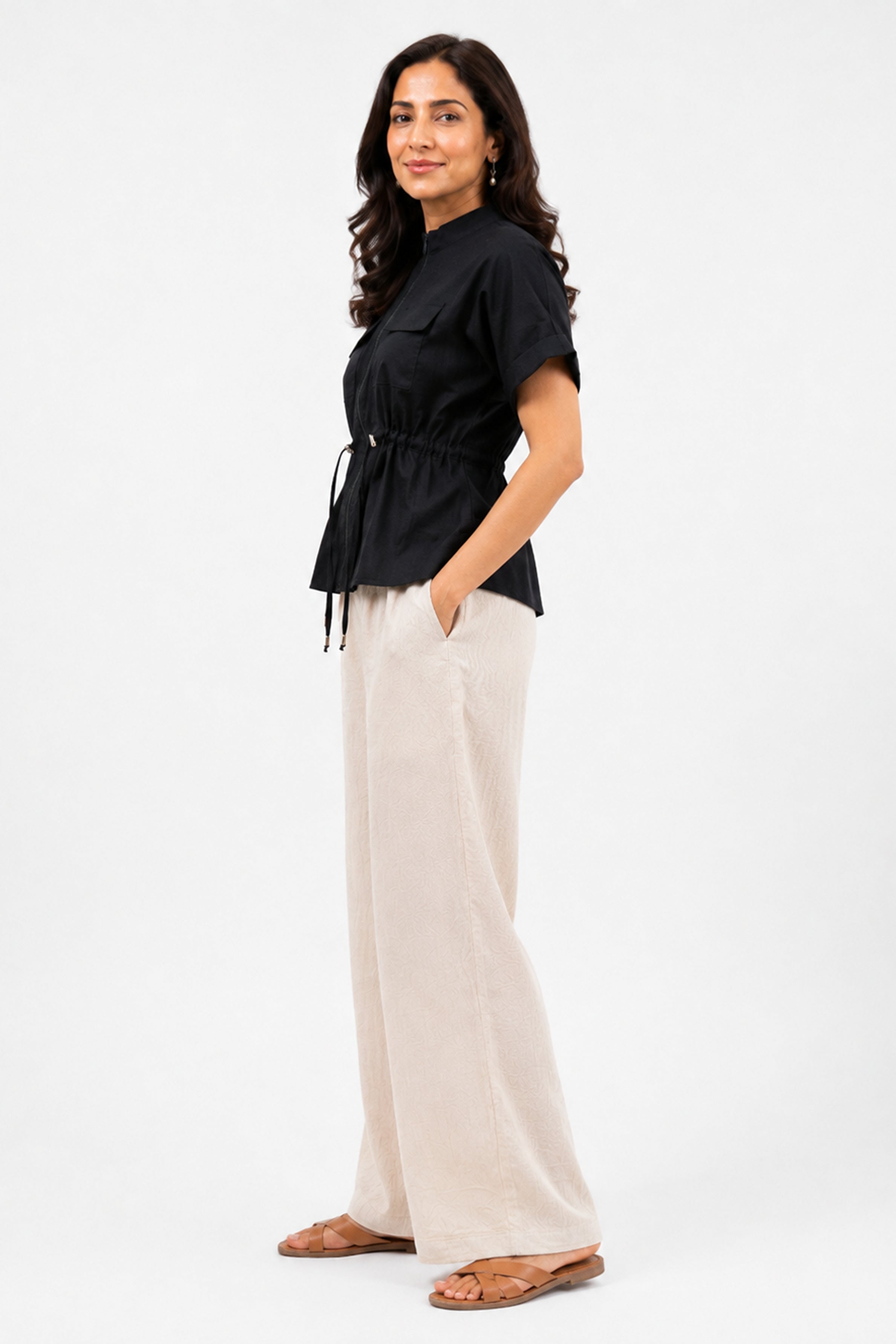 HADA Relaxed Fit Zipper-Front Blouse - Black