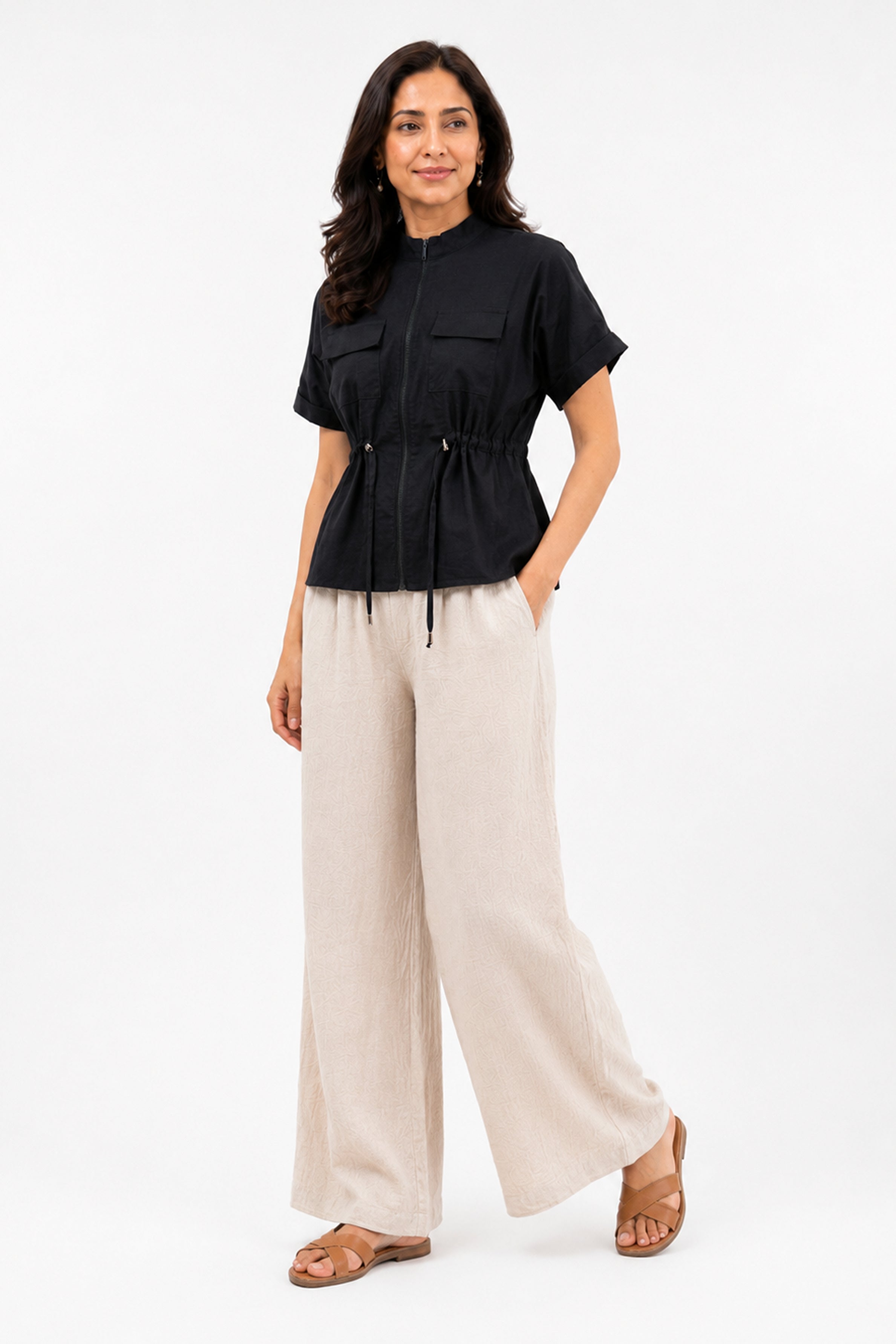 HADA Relaxed Fit Zipper-Front Blouse - Black