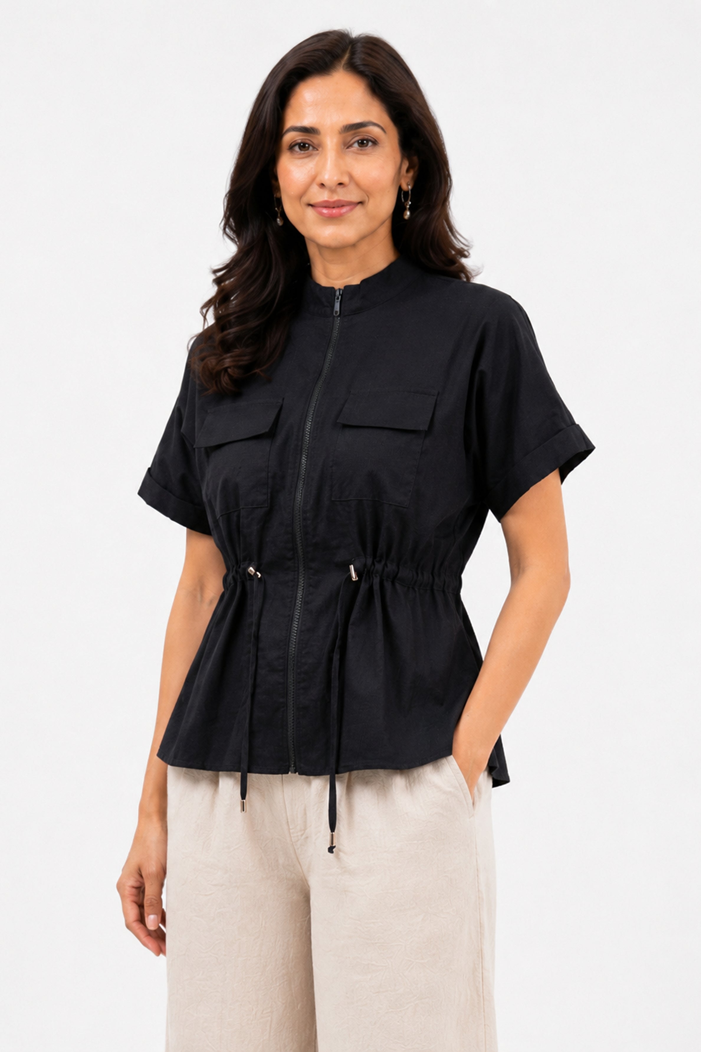 HADA Relaxed Fit Zipper-Front Blouse - Black