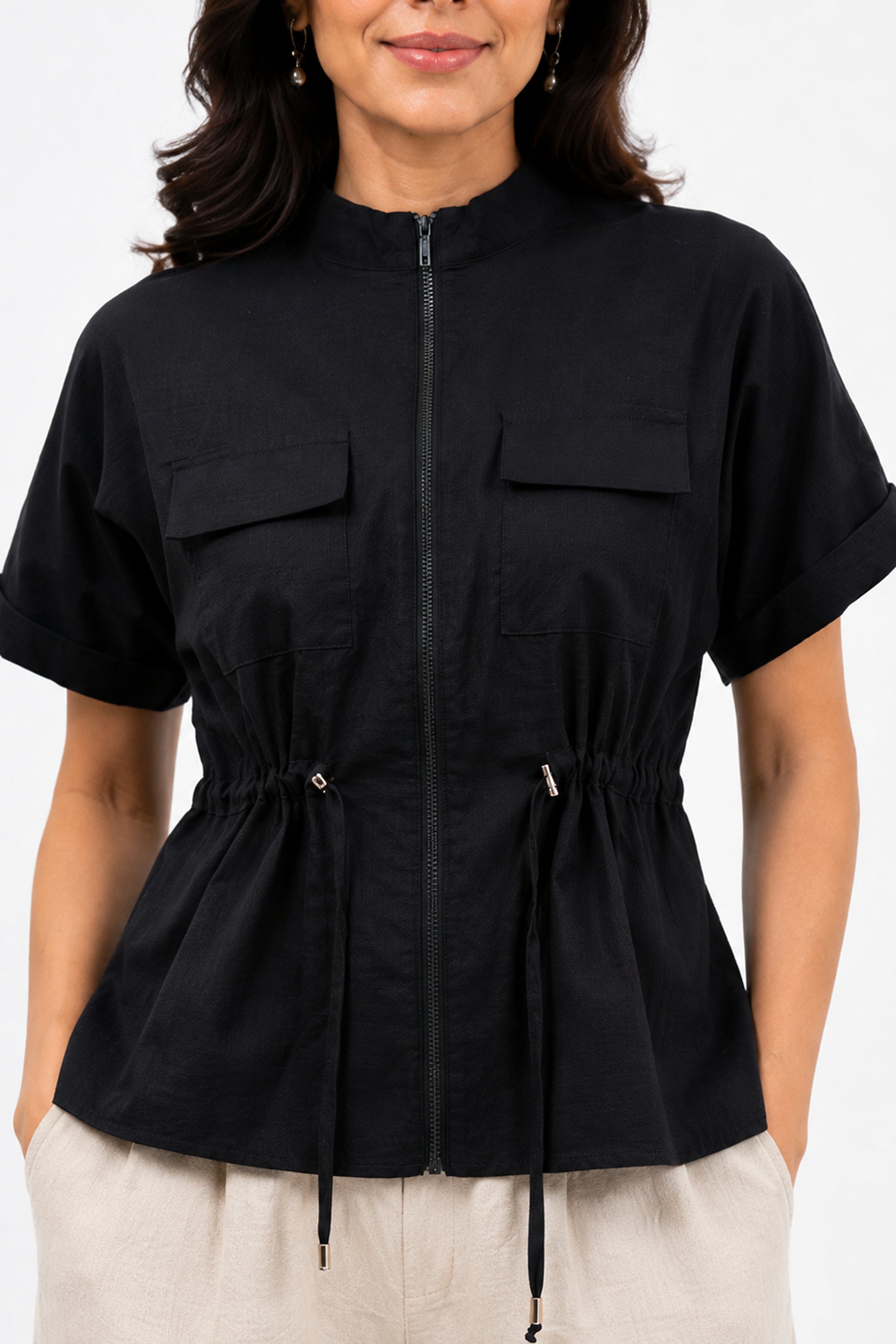 HADA Relaxed Fit Zipper-Front Blouse - Black