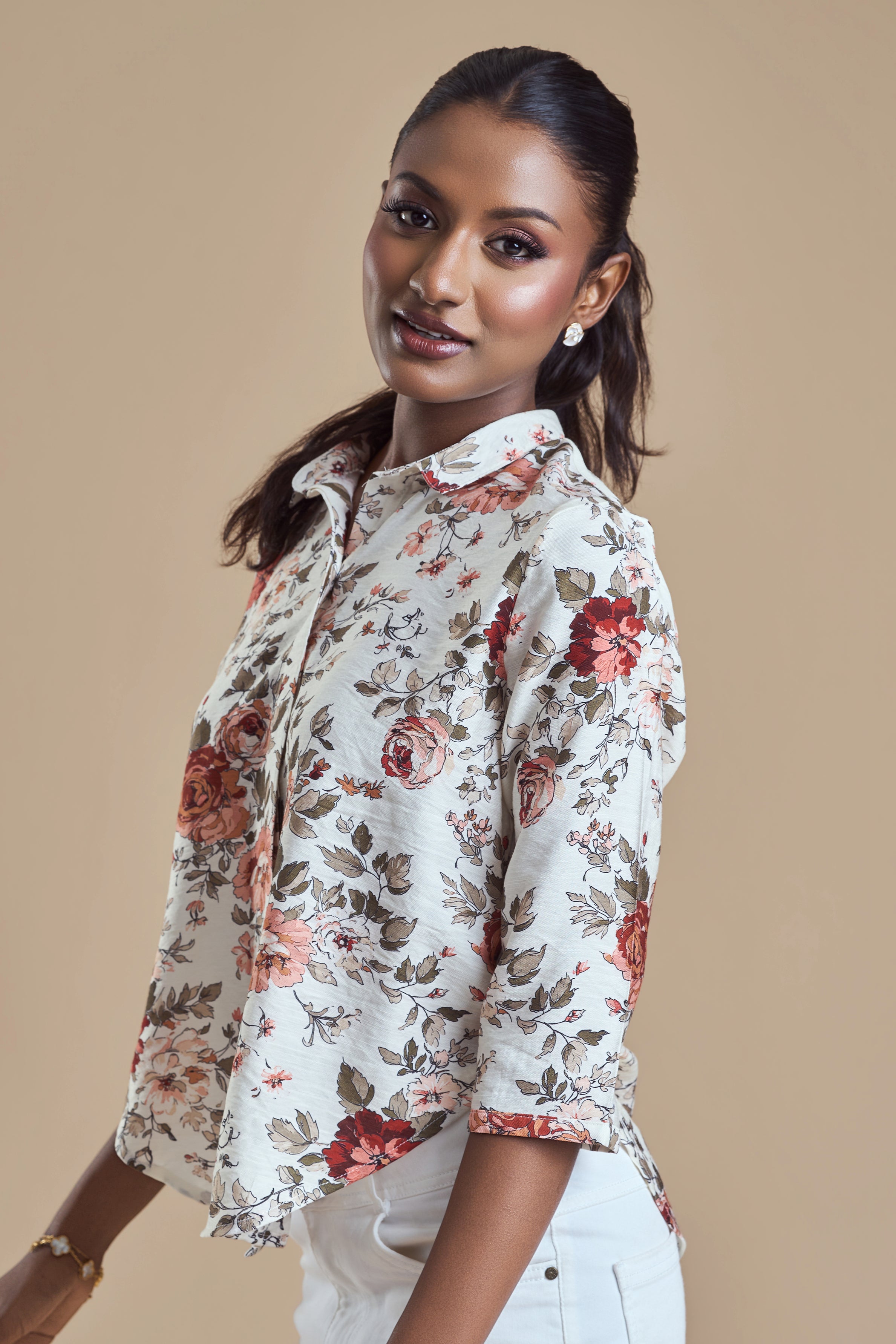 ANDRIANA Formal Printed Blouse - Beige