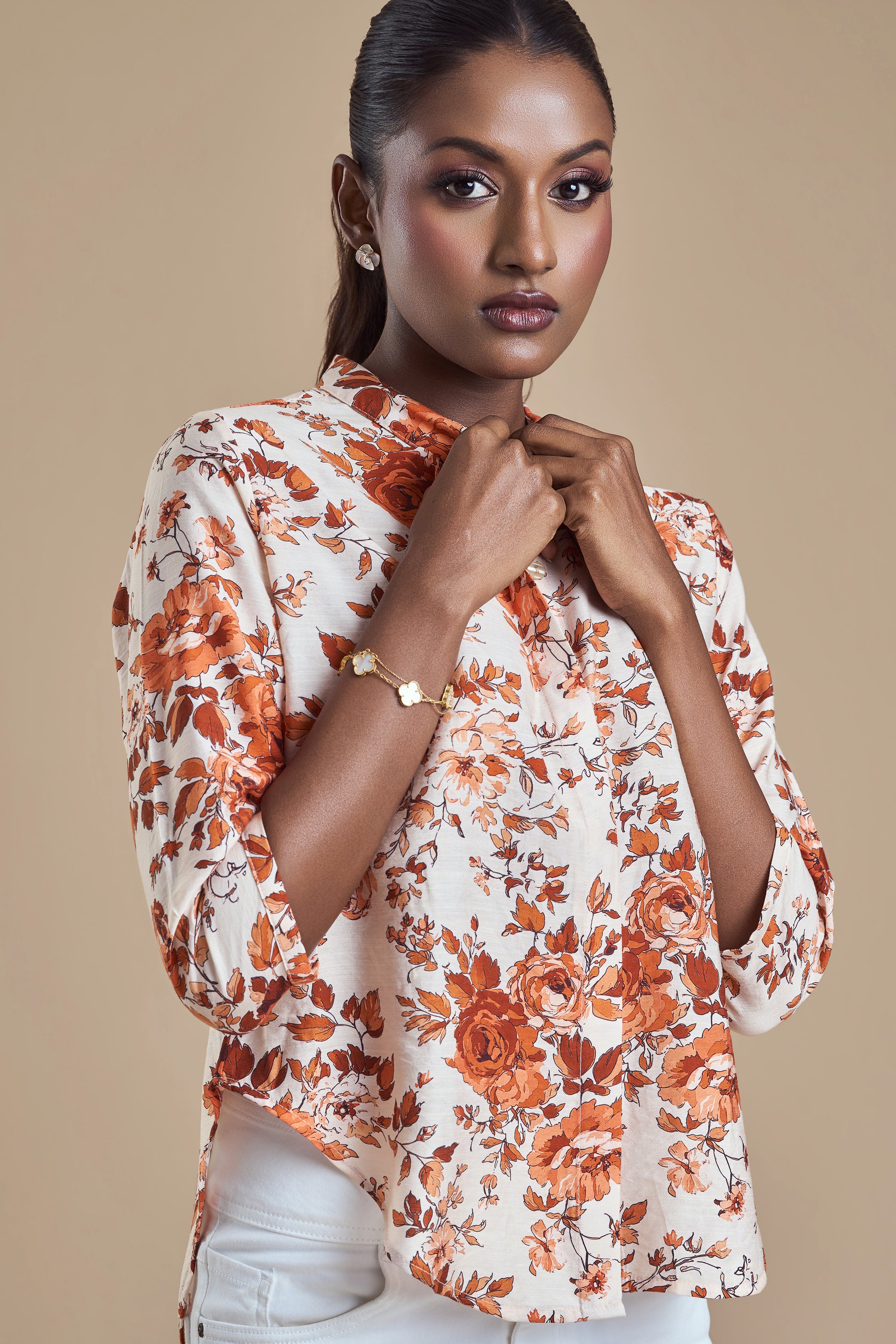 ANDRIANA Formal Printed Blouse - Peach