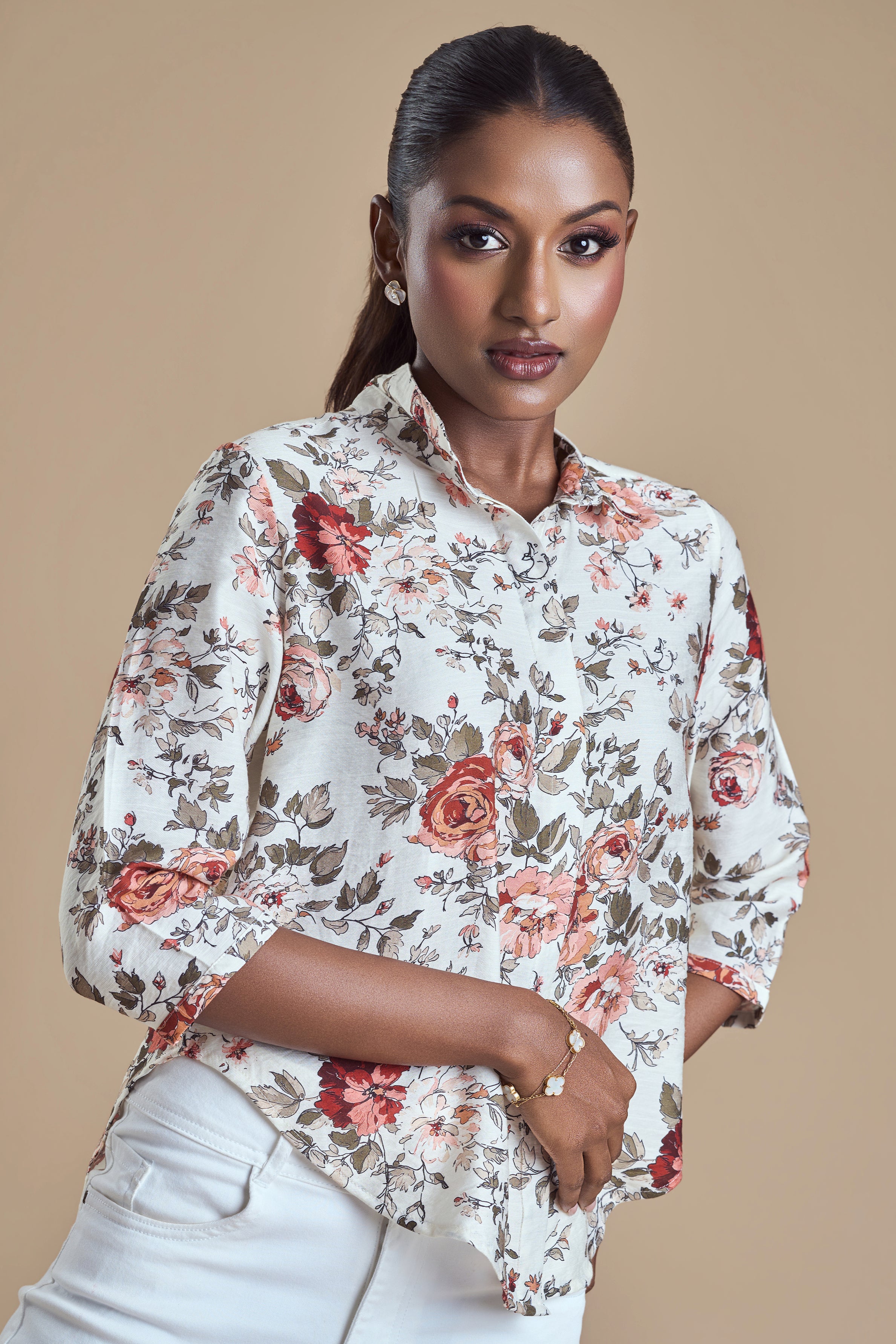 ANDRIANA Formal Printed Blouse - Beige