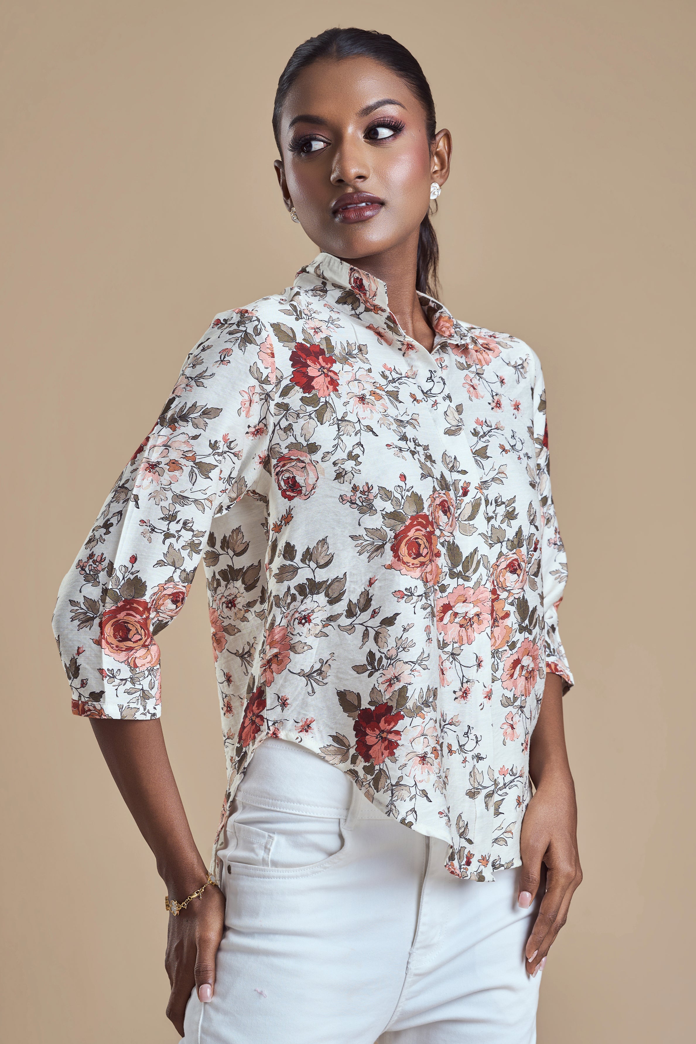 ANDRIANA Formal Printed Blouse - Beige