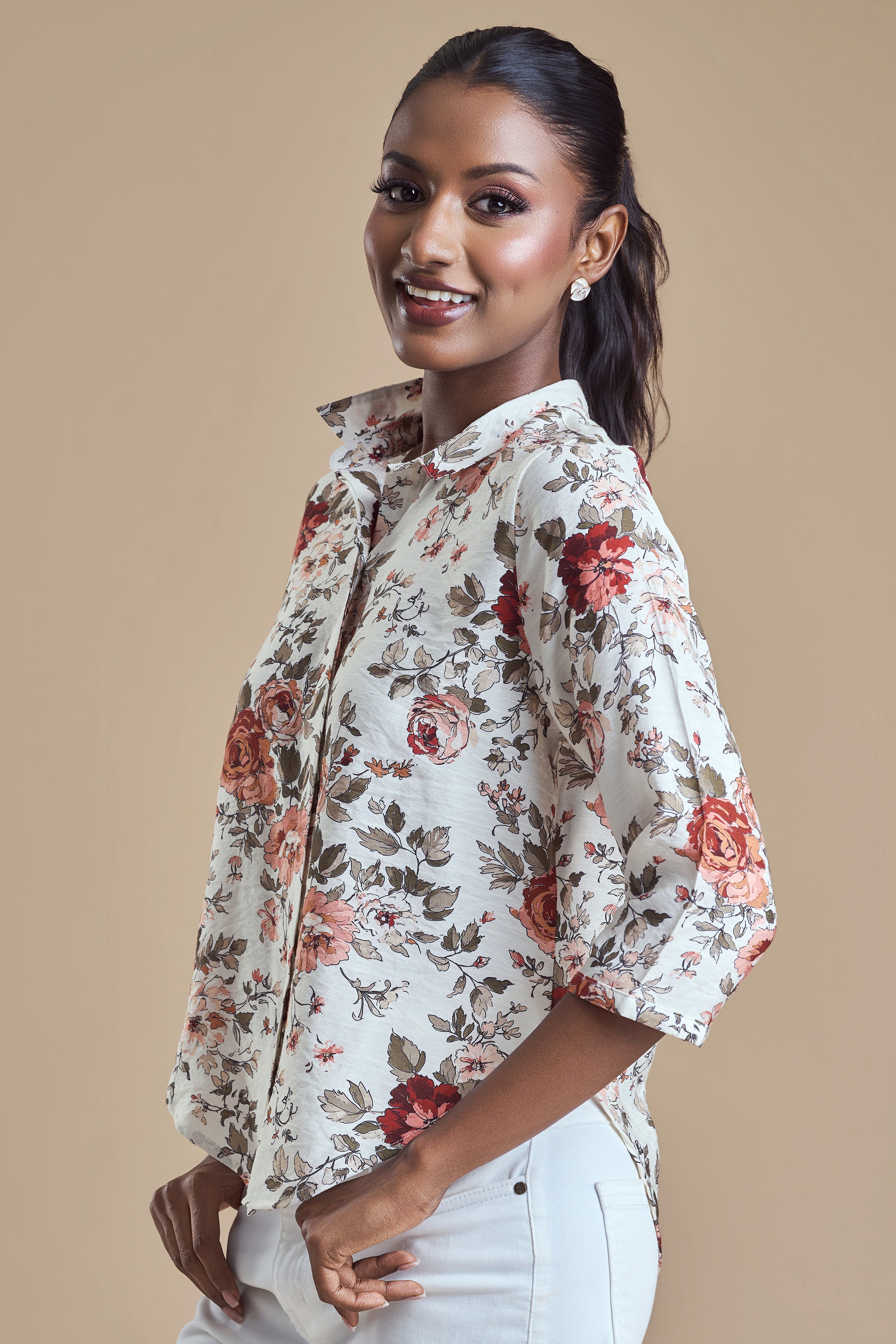 ANDRIANA Formal Printed Blouse - Beige