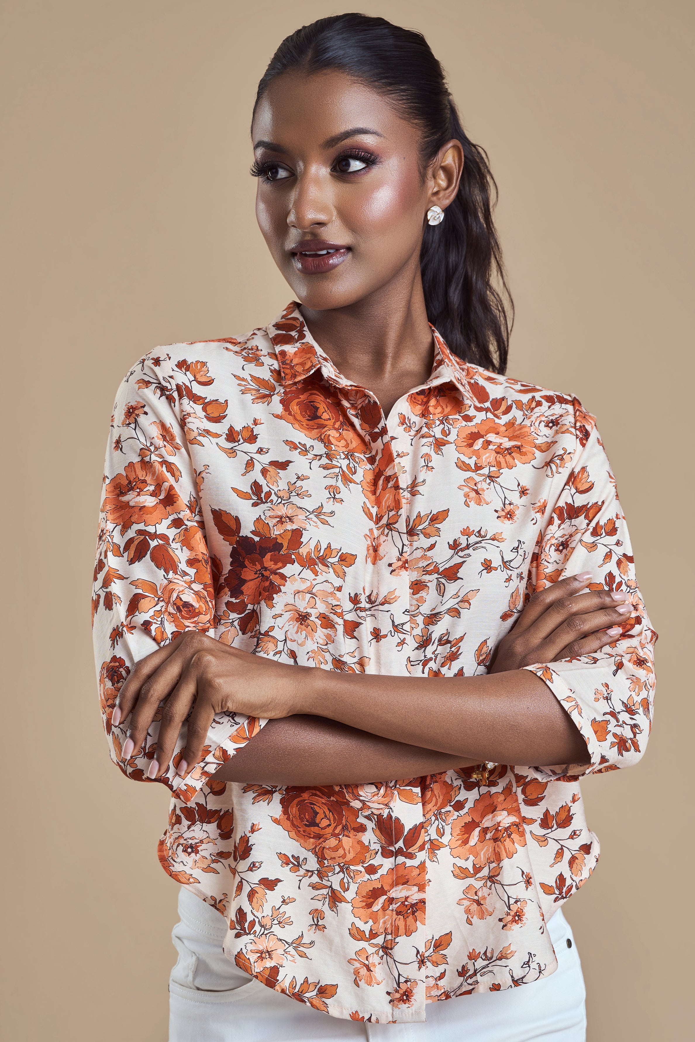ANDRIANA Formal Printed Blouse - Peach