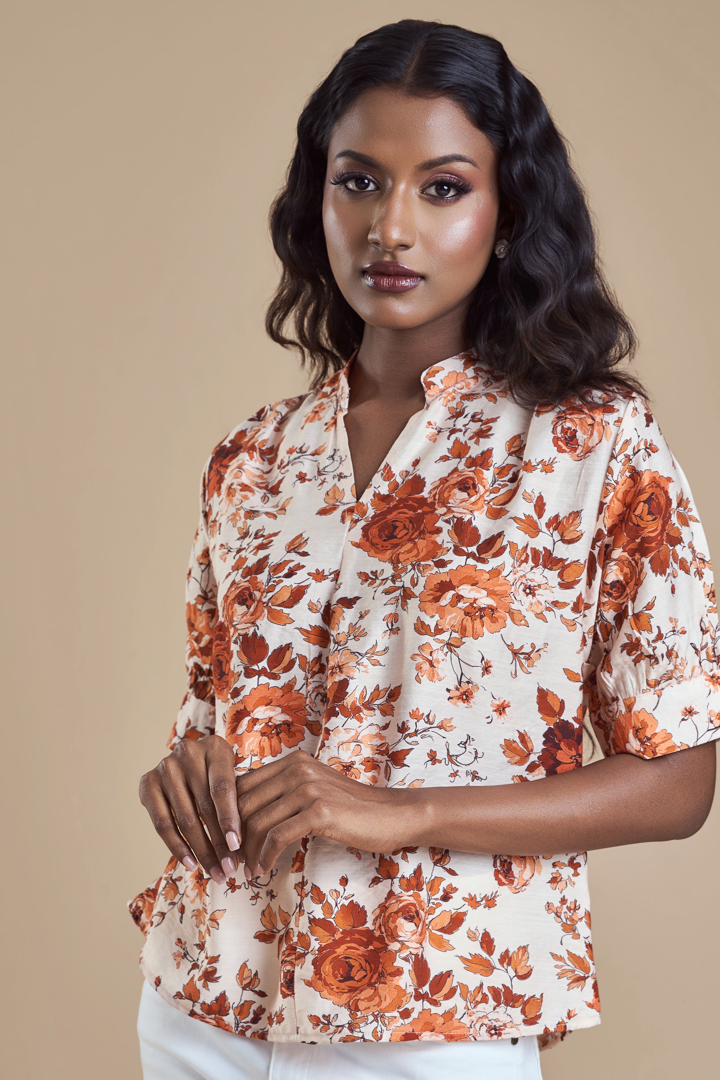 ANDRIANA Formal Printed Blouse - Orange