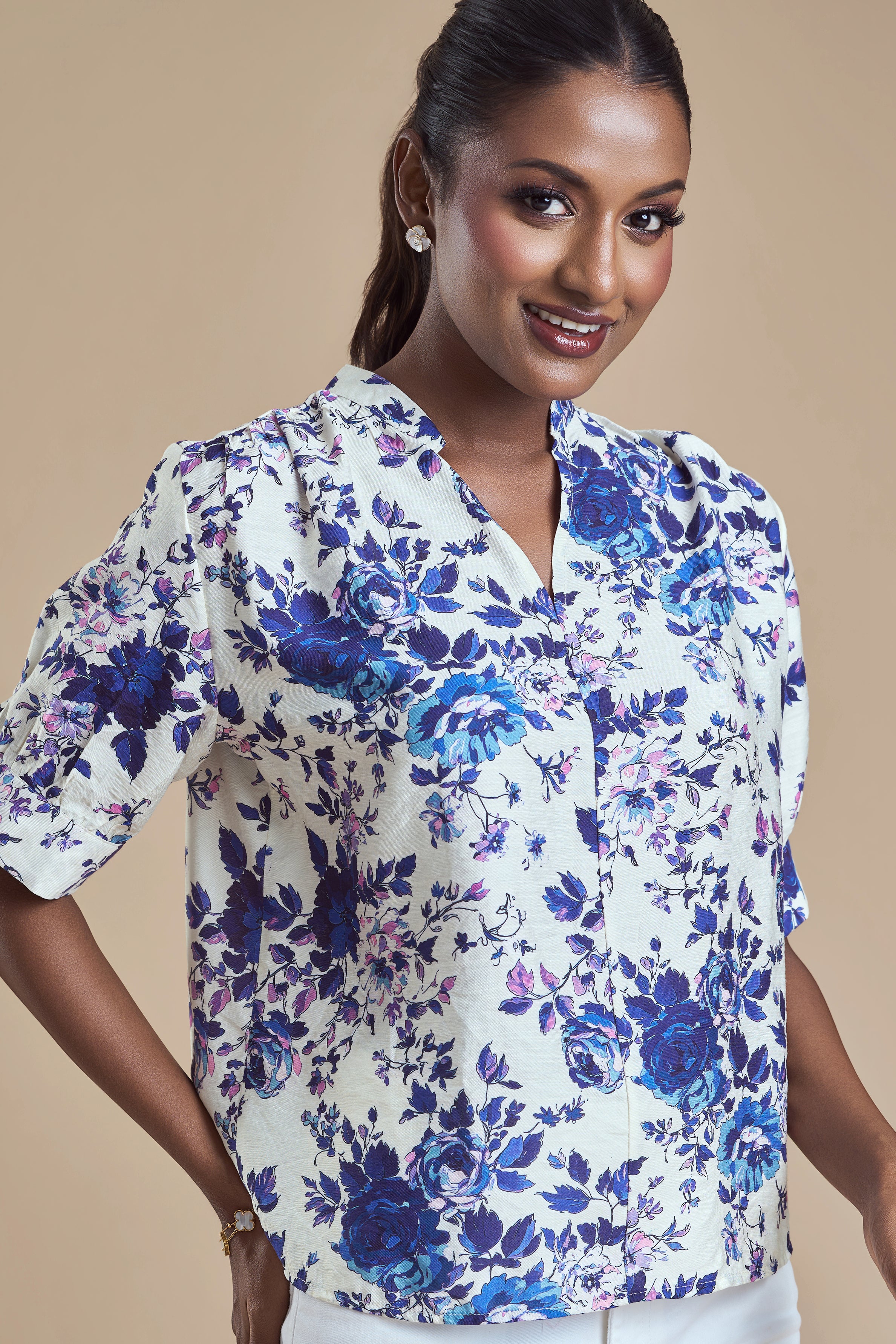 ANDRIANA Formal Printed Blouse - Blue