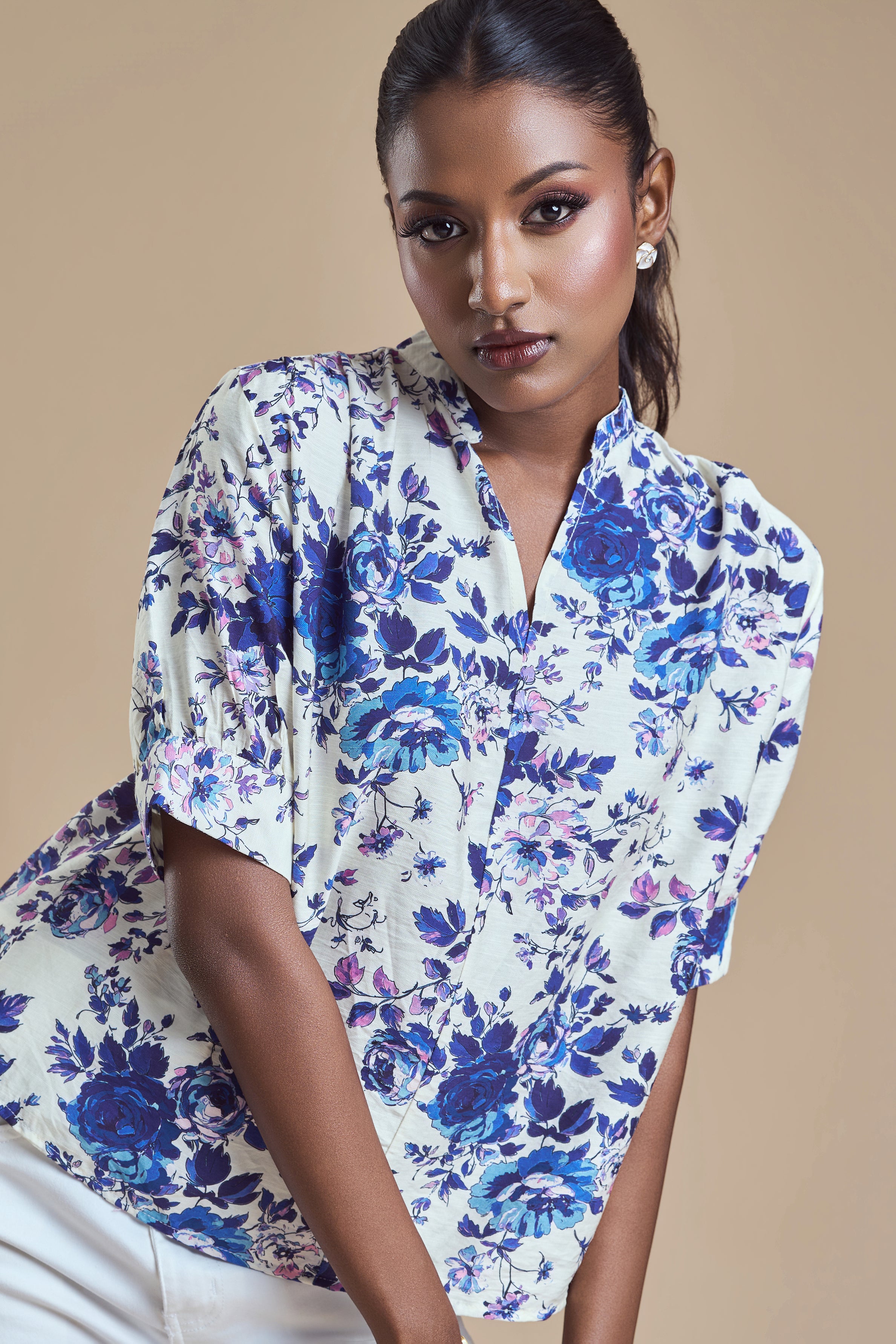 ANDRIANA Formal Printed Blouse - Blue