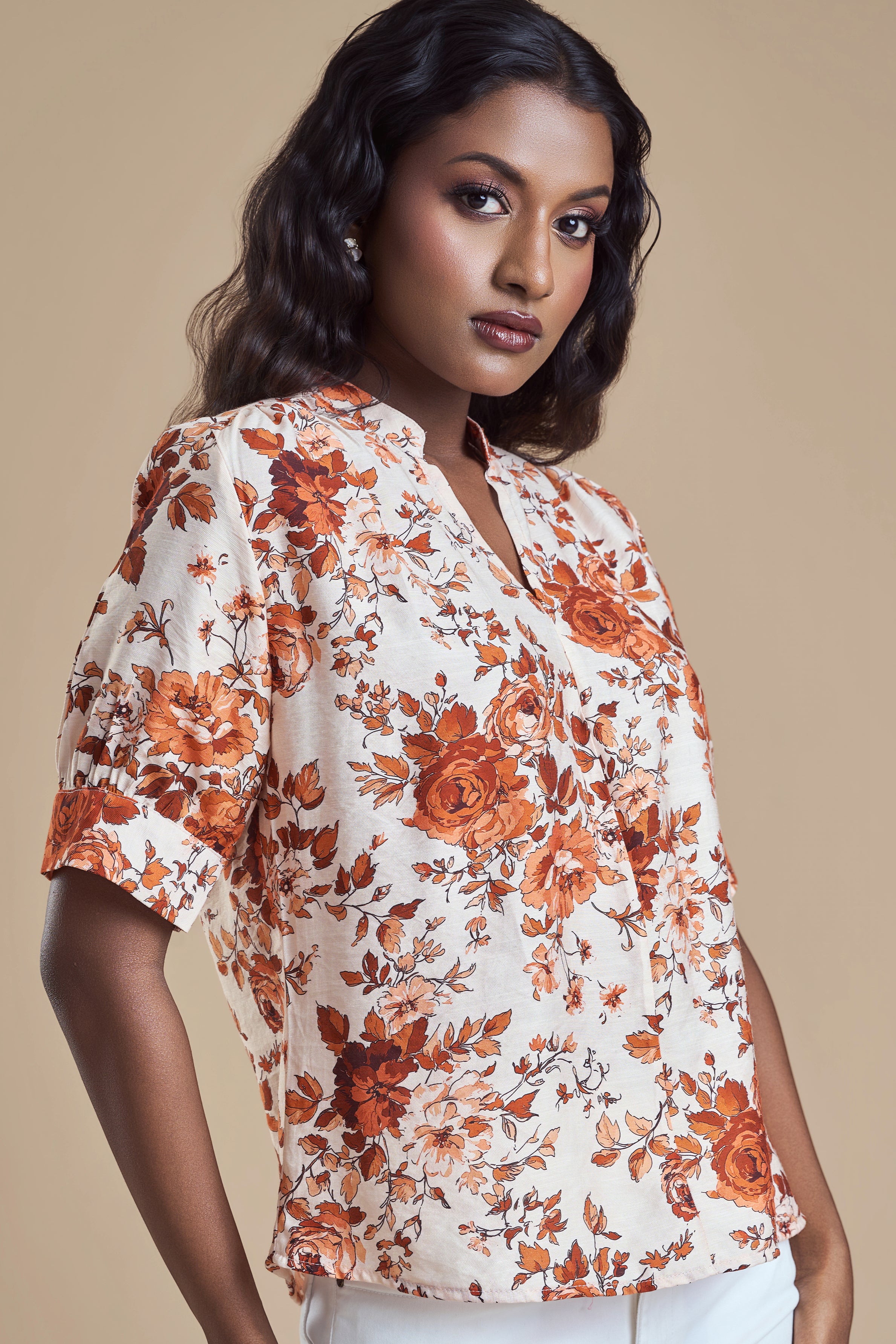 ANDRIANA Formal Printed Blouse - Orange