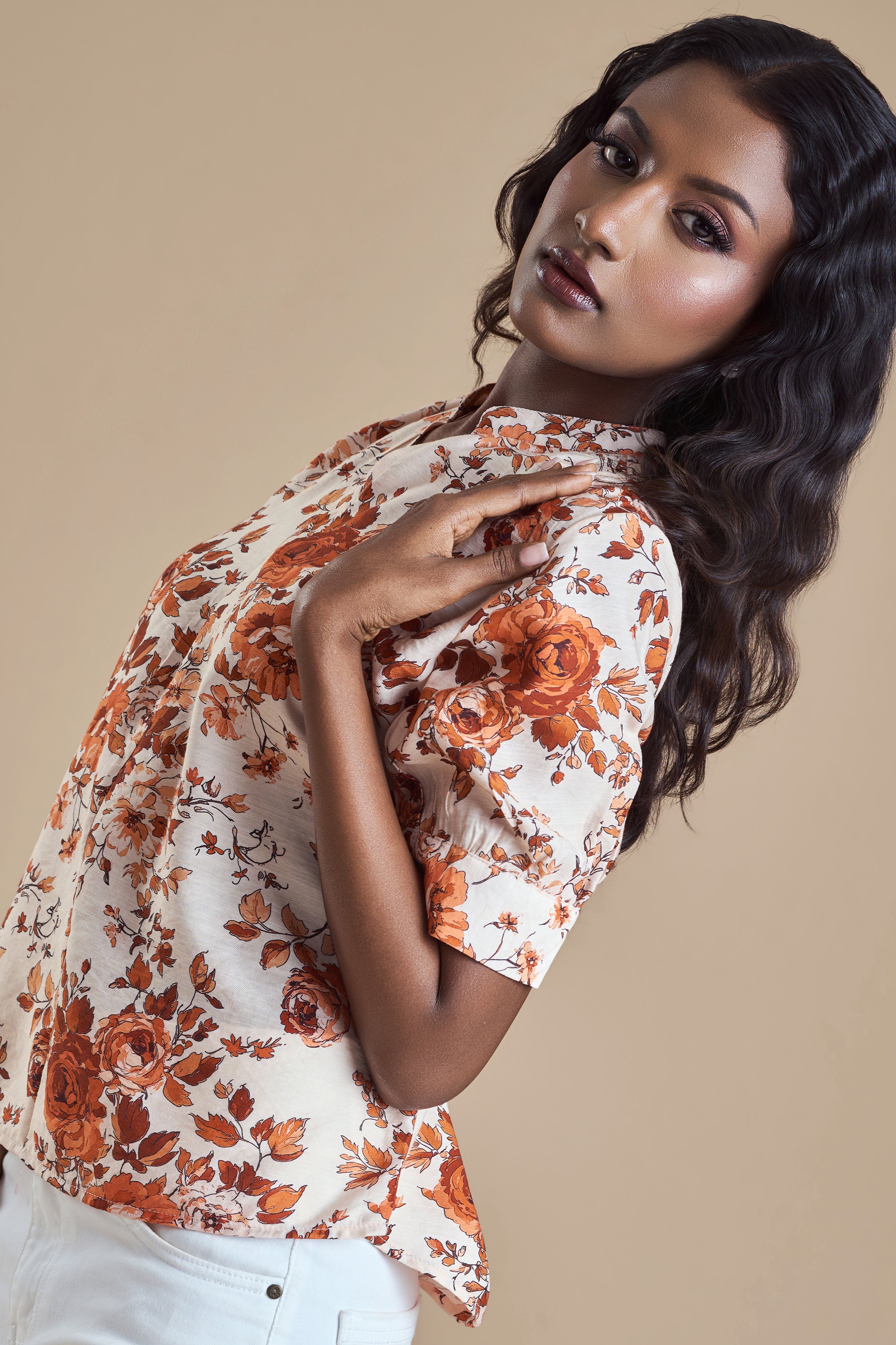 ANDRIANA Formal Printed Blouse - Orange