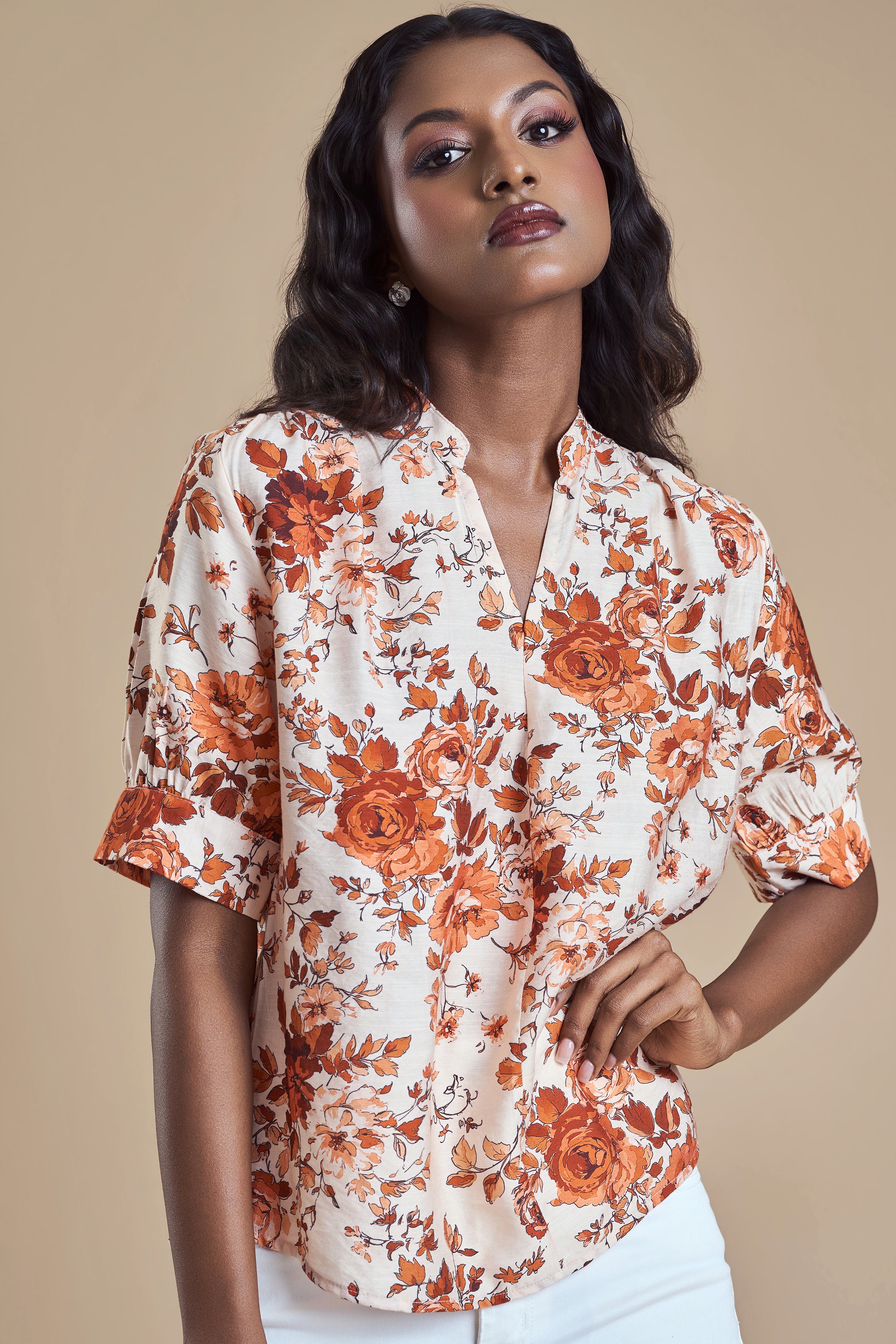 ANDRIANA Formal Printed Blouse - Orange
