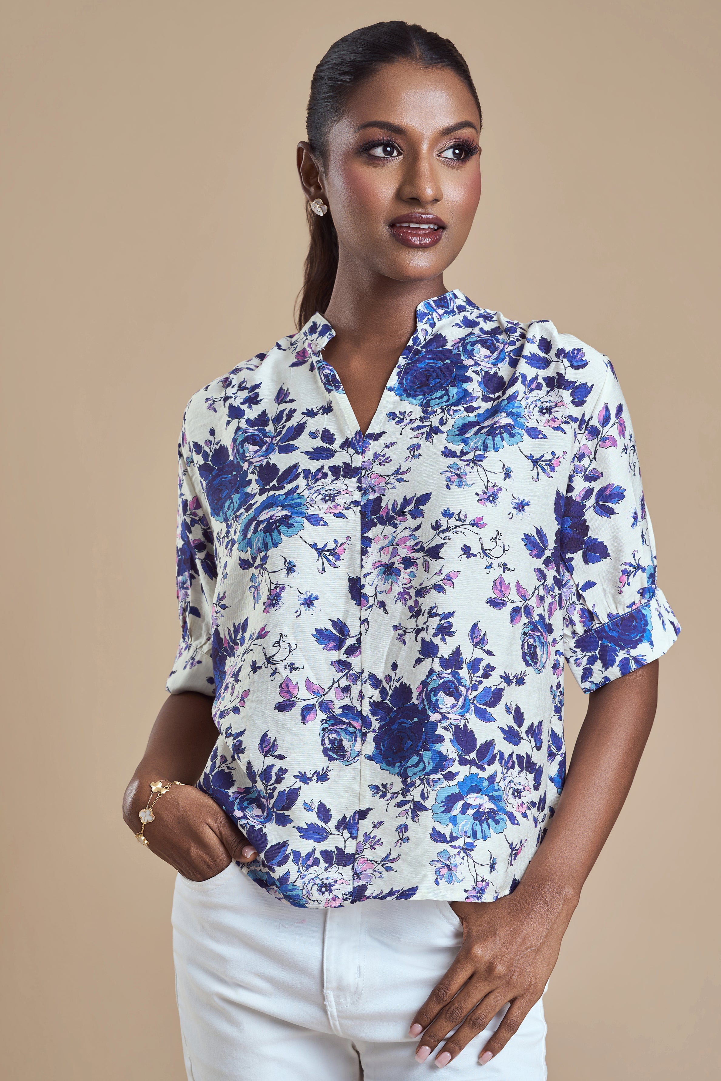 ANDRIANA Formal Printed Blouse - Blue