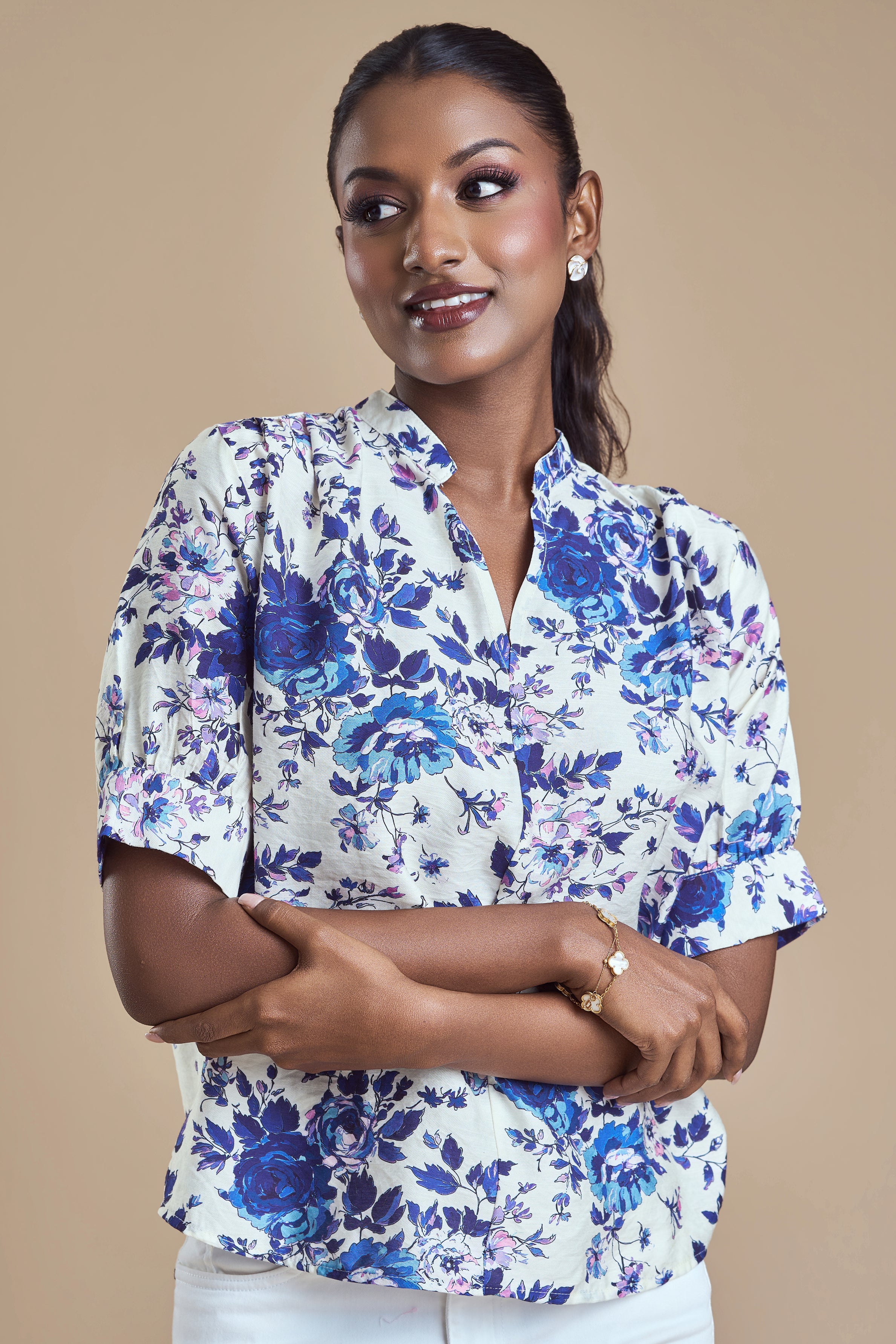ANDRIANA Formal Printed Blouse - Blue