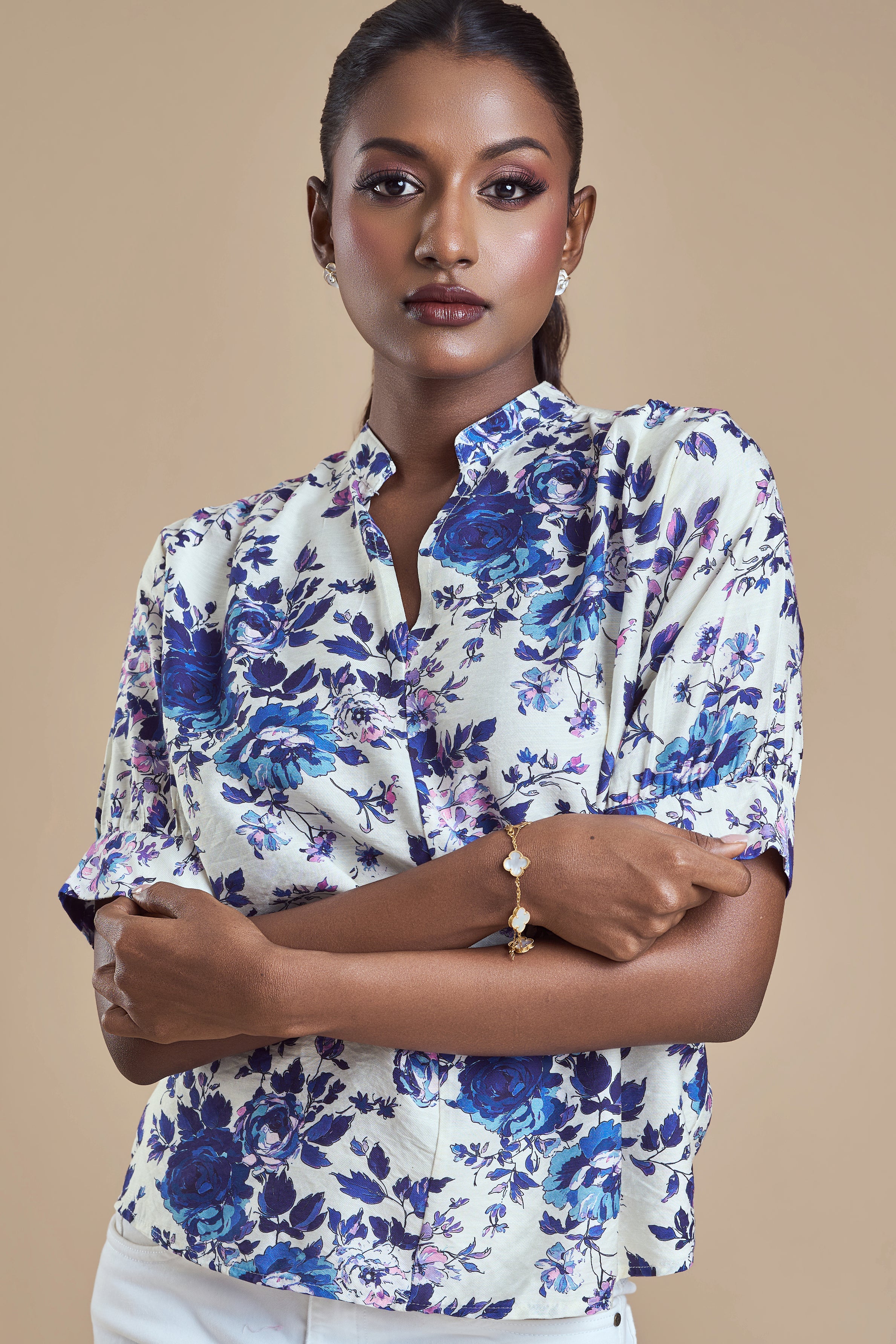ANDRIANA Formal Printed Blouse - Blue