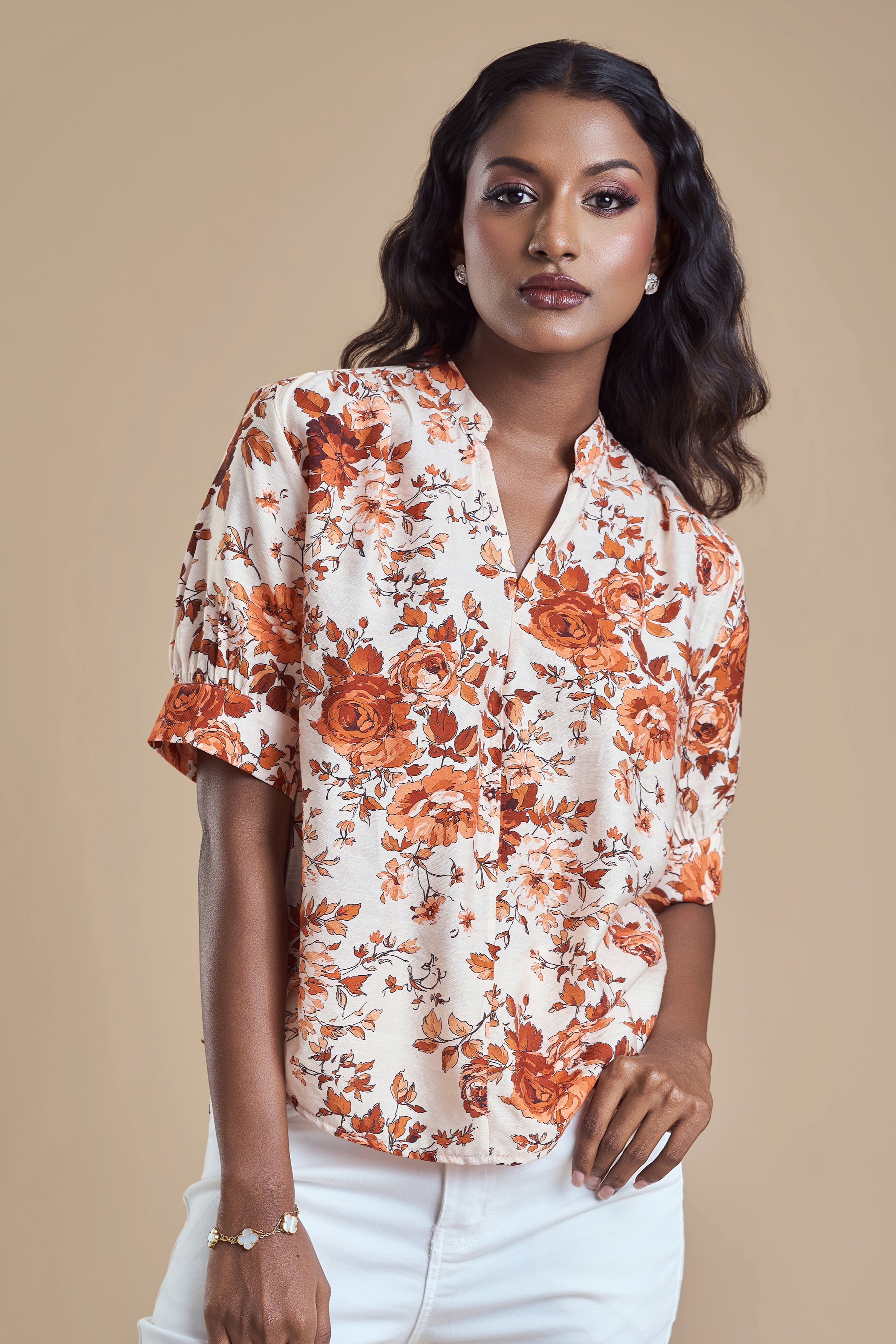 ANDRIANA Formal Printed Blouse - Orange