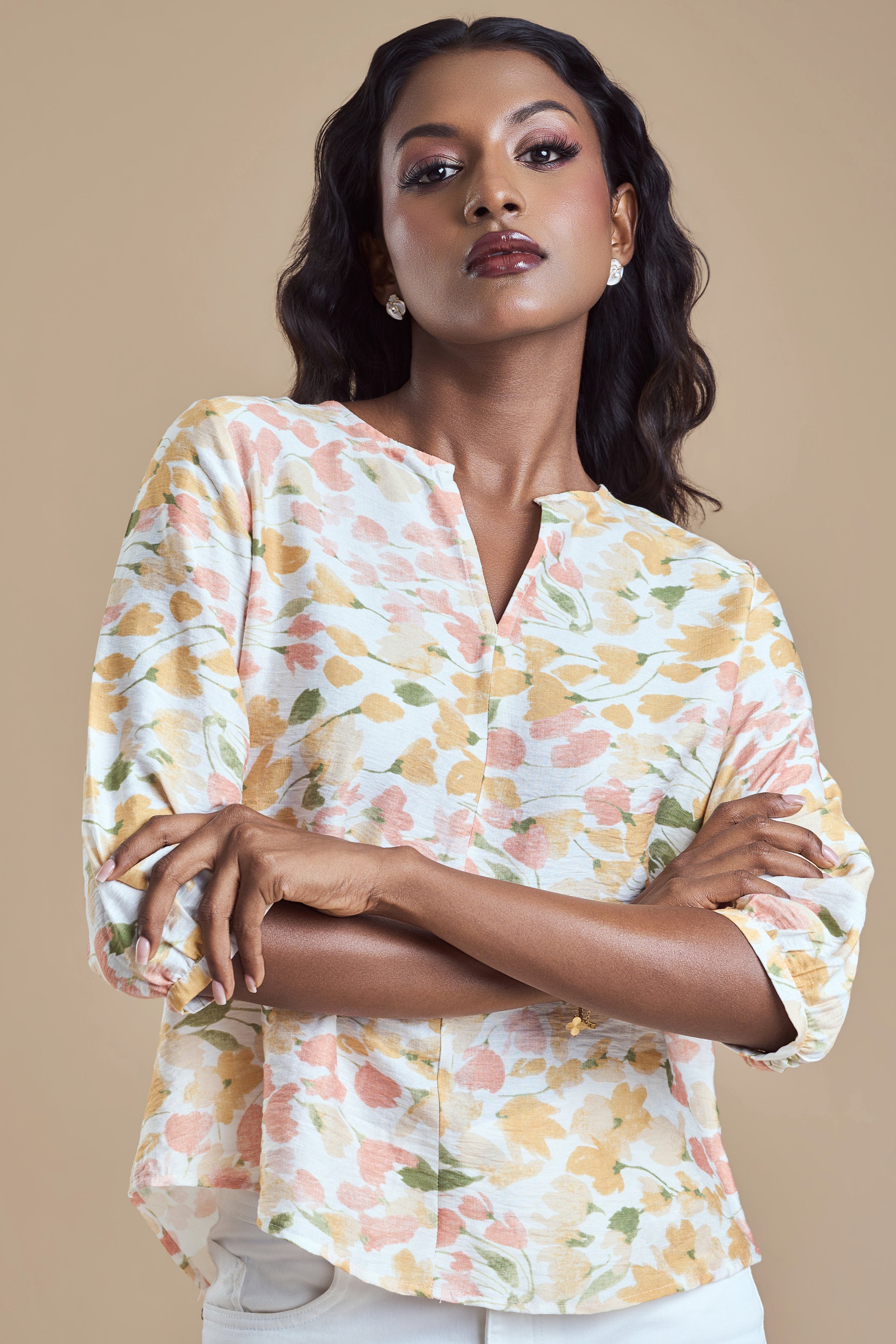 ANDRIANA Formal Printed Blouse - Orange