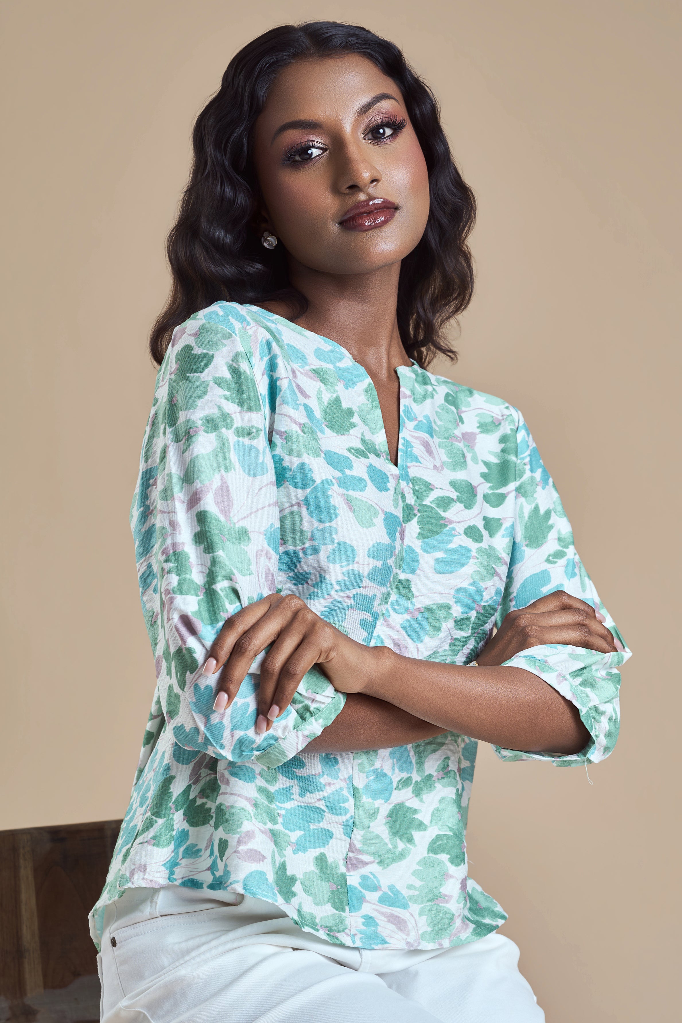 ANDRIANA Formal Printed Blouse - Green