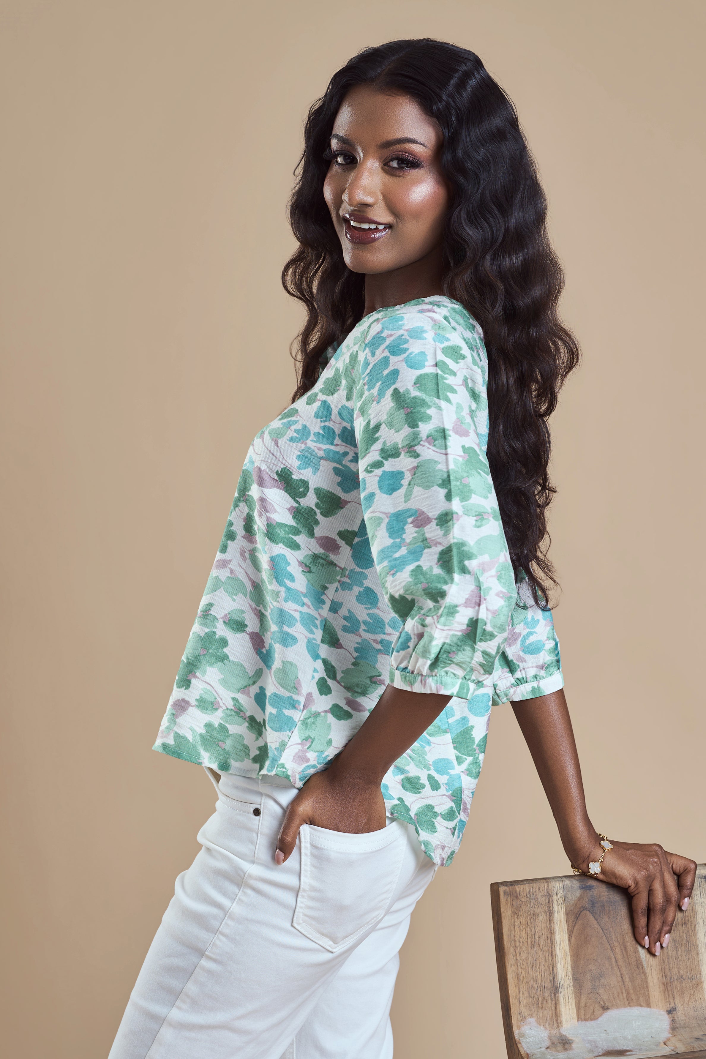 ANDRIANA Formal Printed Blouse - Green