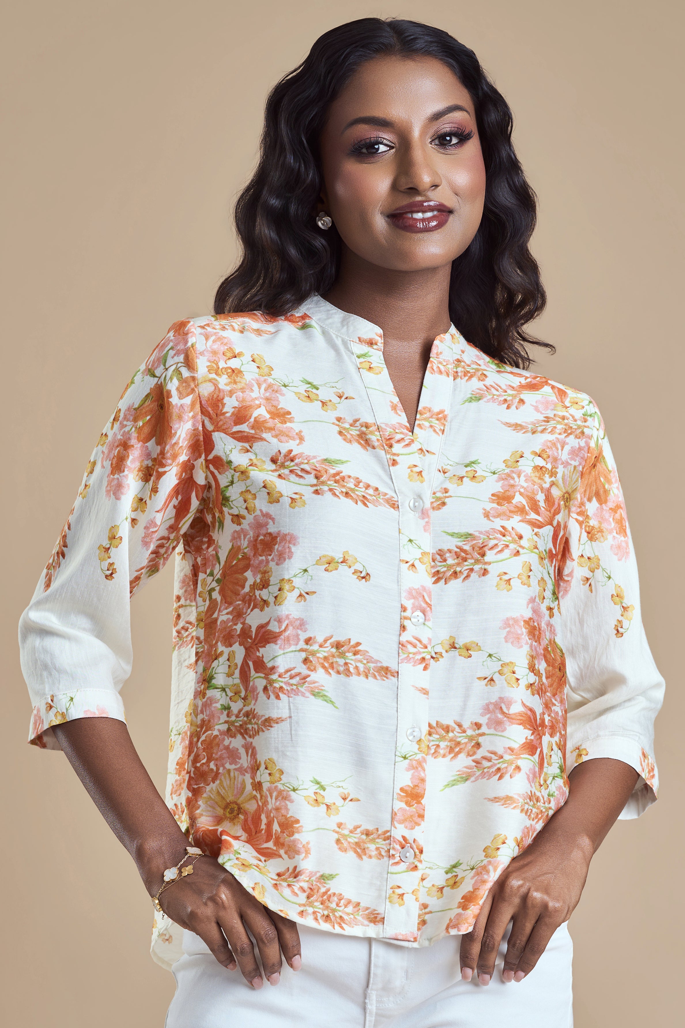 ANDRIANA Formal Printed Blouse - Orange