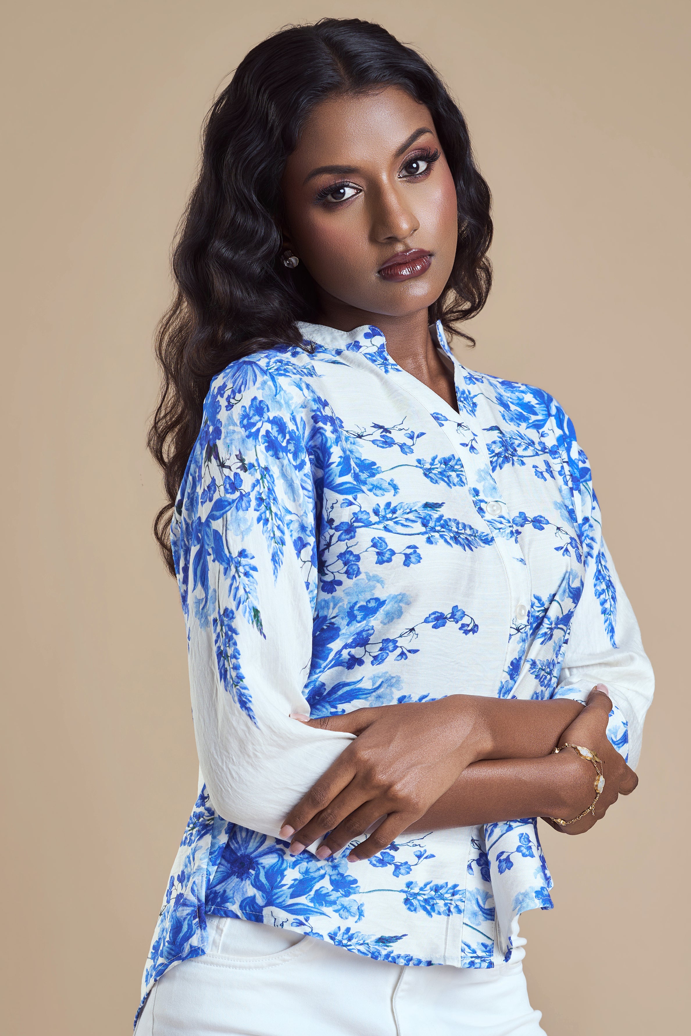 ANDRIANA Formal Printed Blouse - Blue