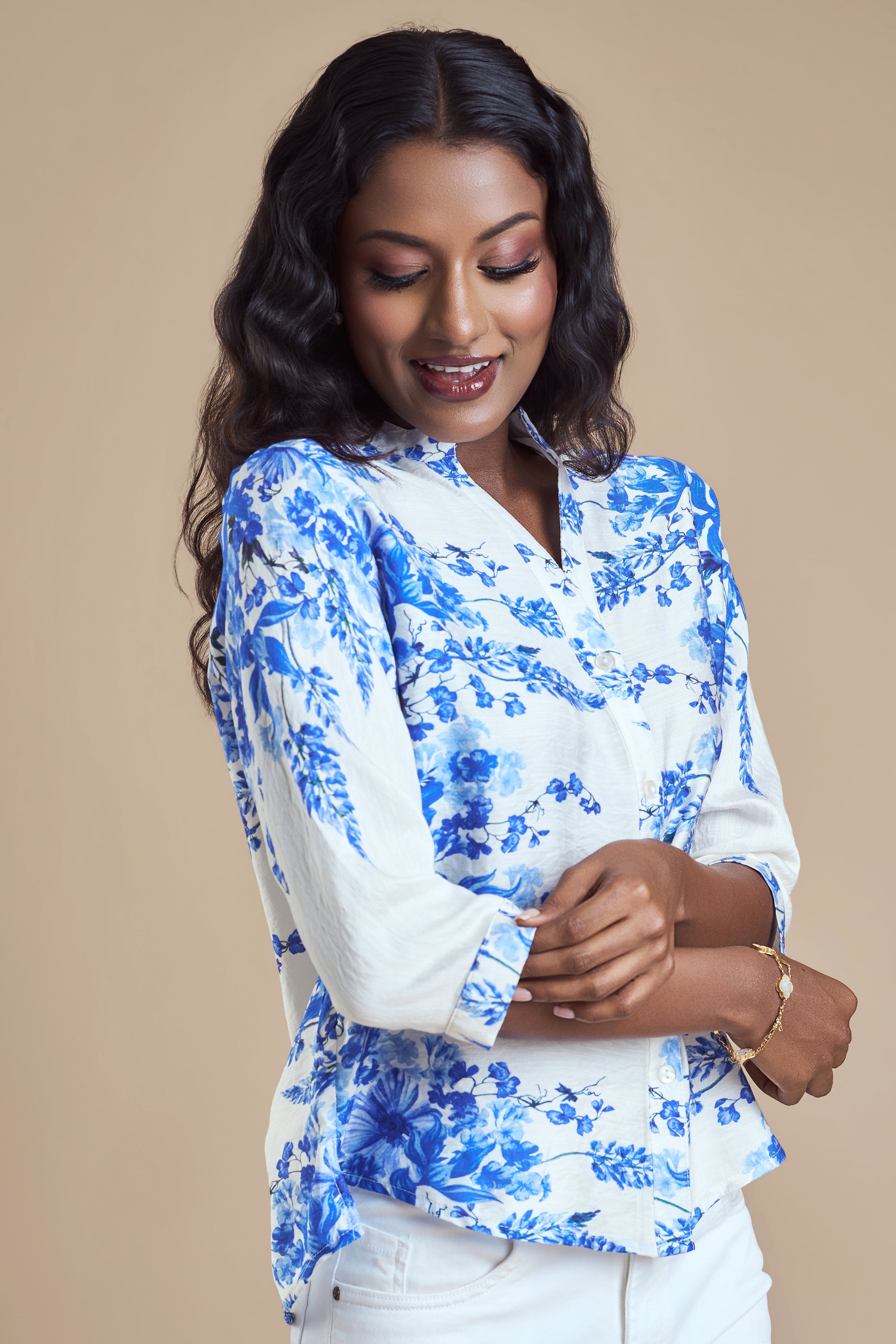 ANDRIANA Formal Printed Blouse - Blue