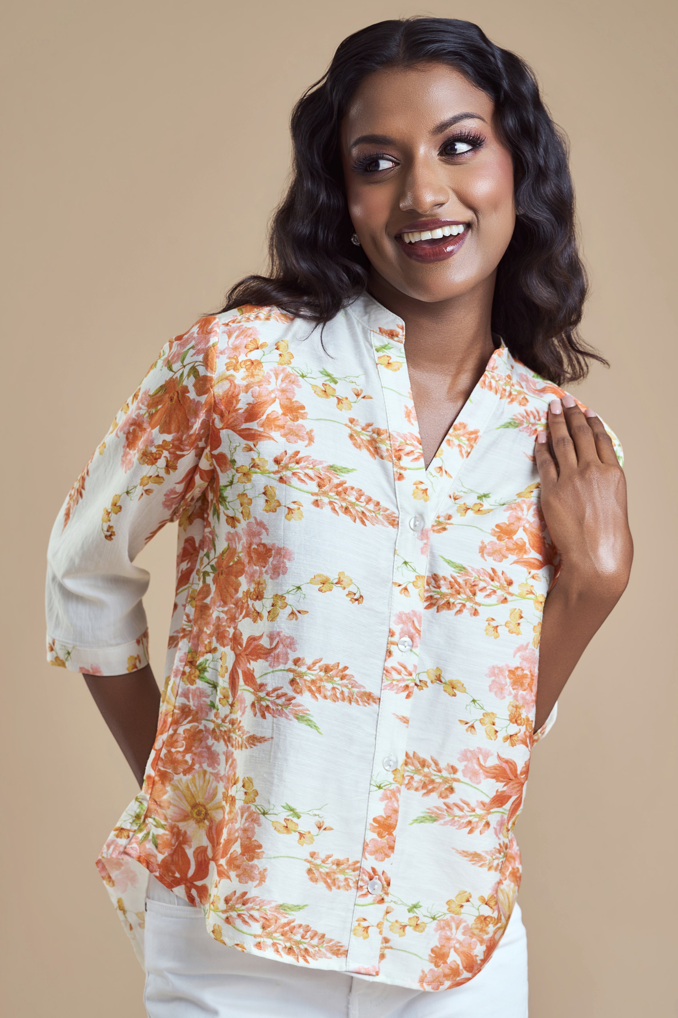 ANDRIANA Formal Printed Blouse - Orange