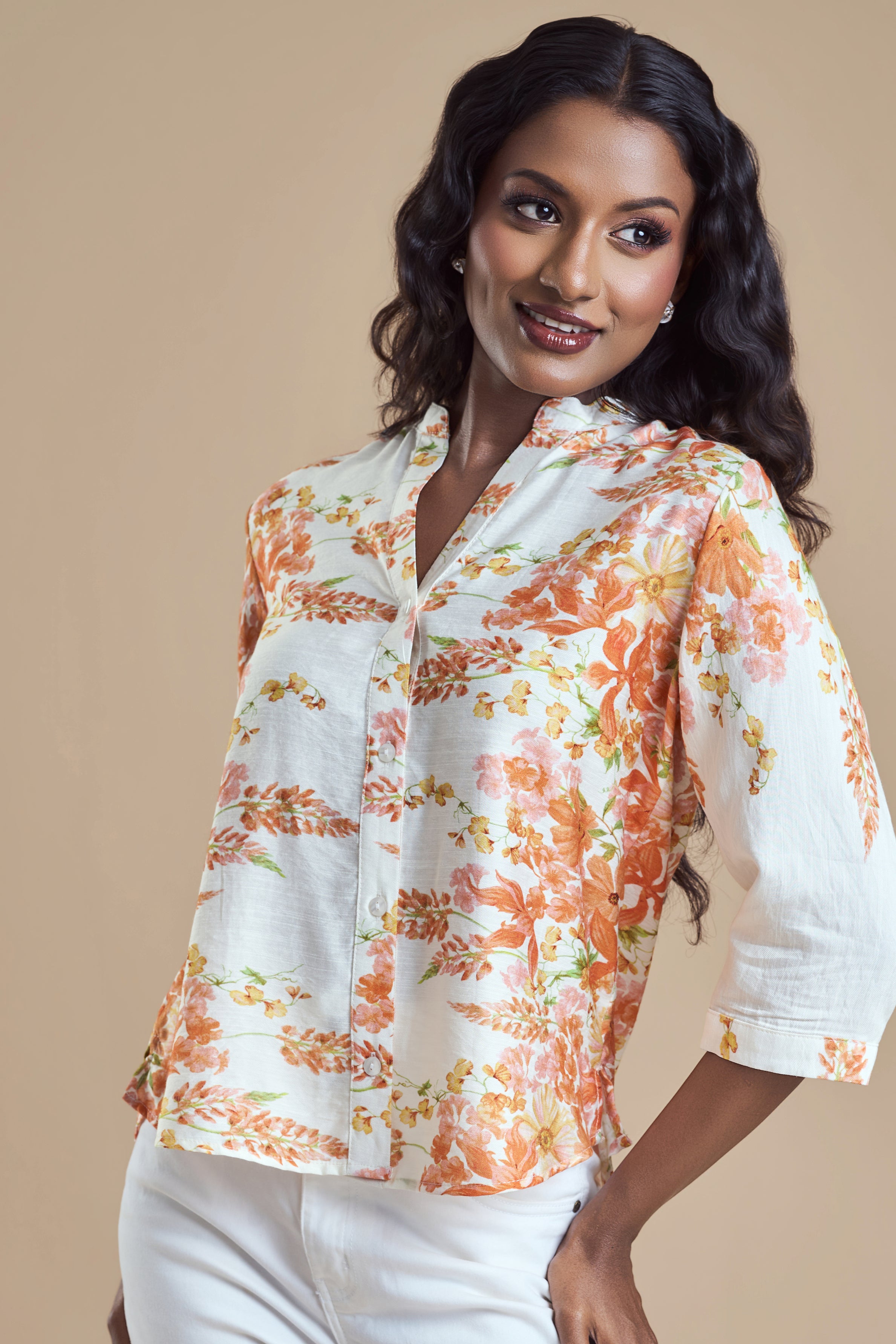 ANDRIANA Formal Printed Blouse - Orange