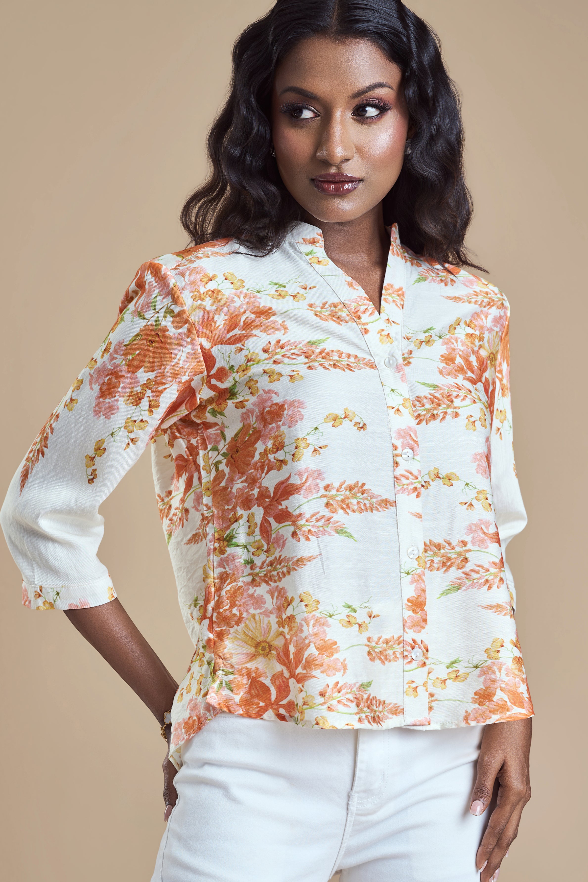 ANDRIANA Formal Printed Blouse - Orange