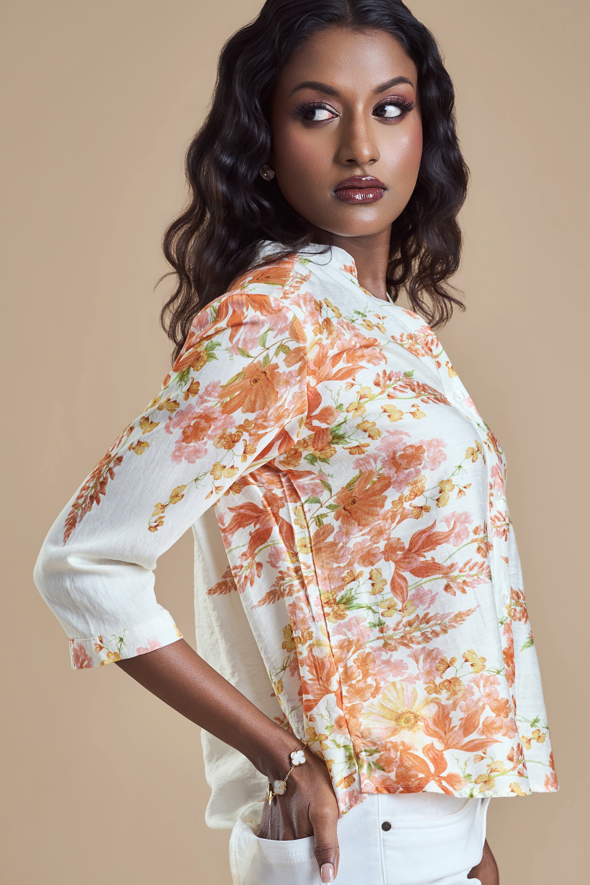 ANDRIANA Formal Printed Blouse - Orange