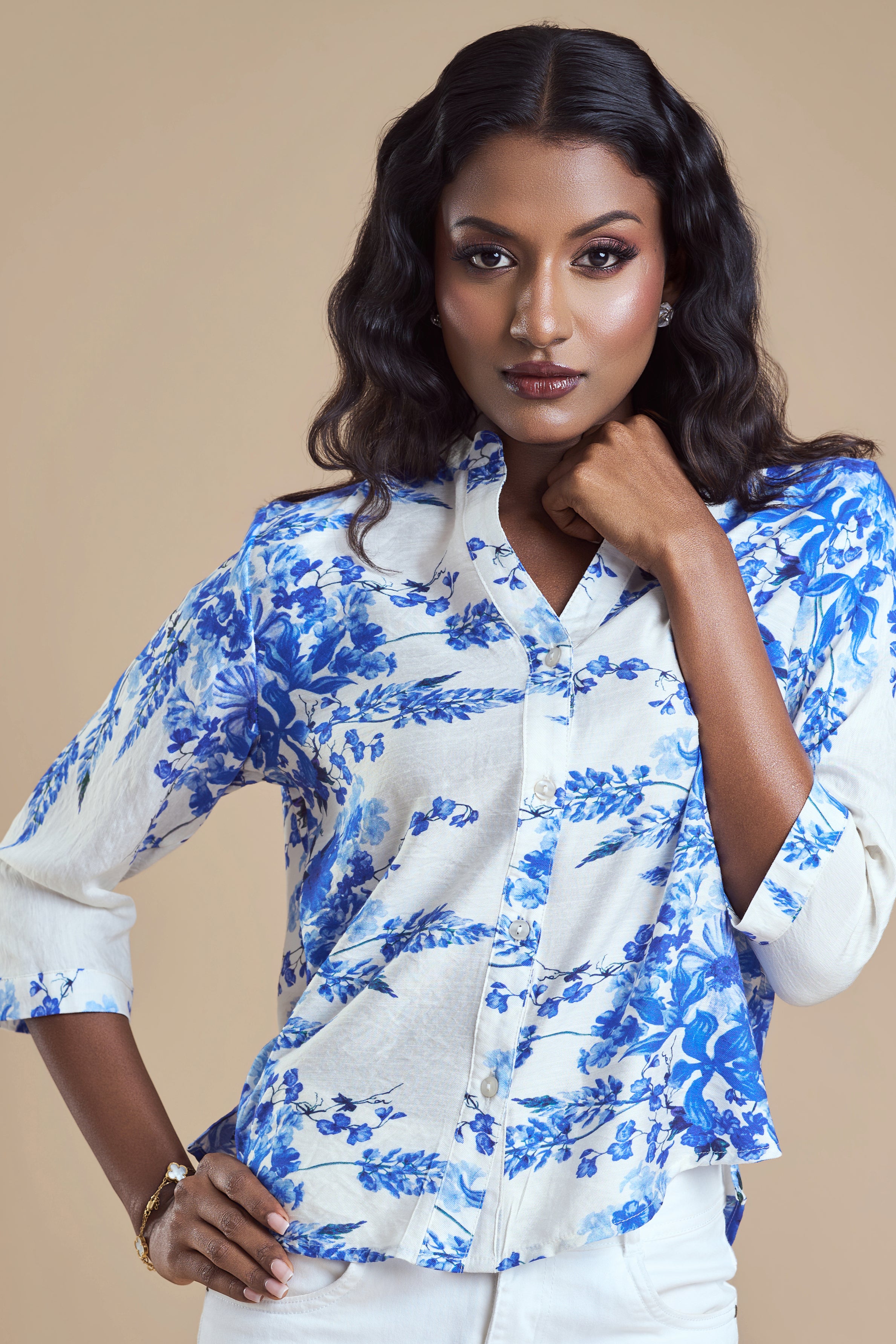 ANDRIANA Formal Printed Blouse - Blue