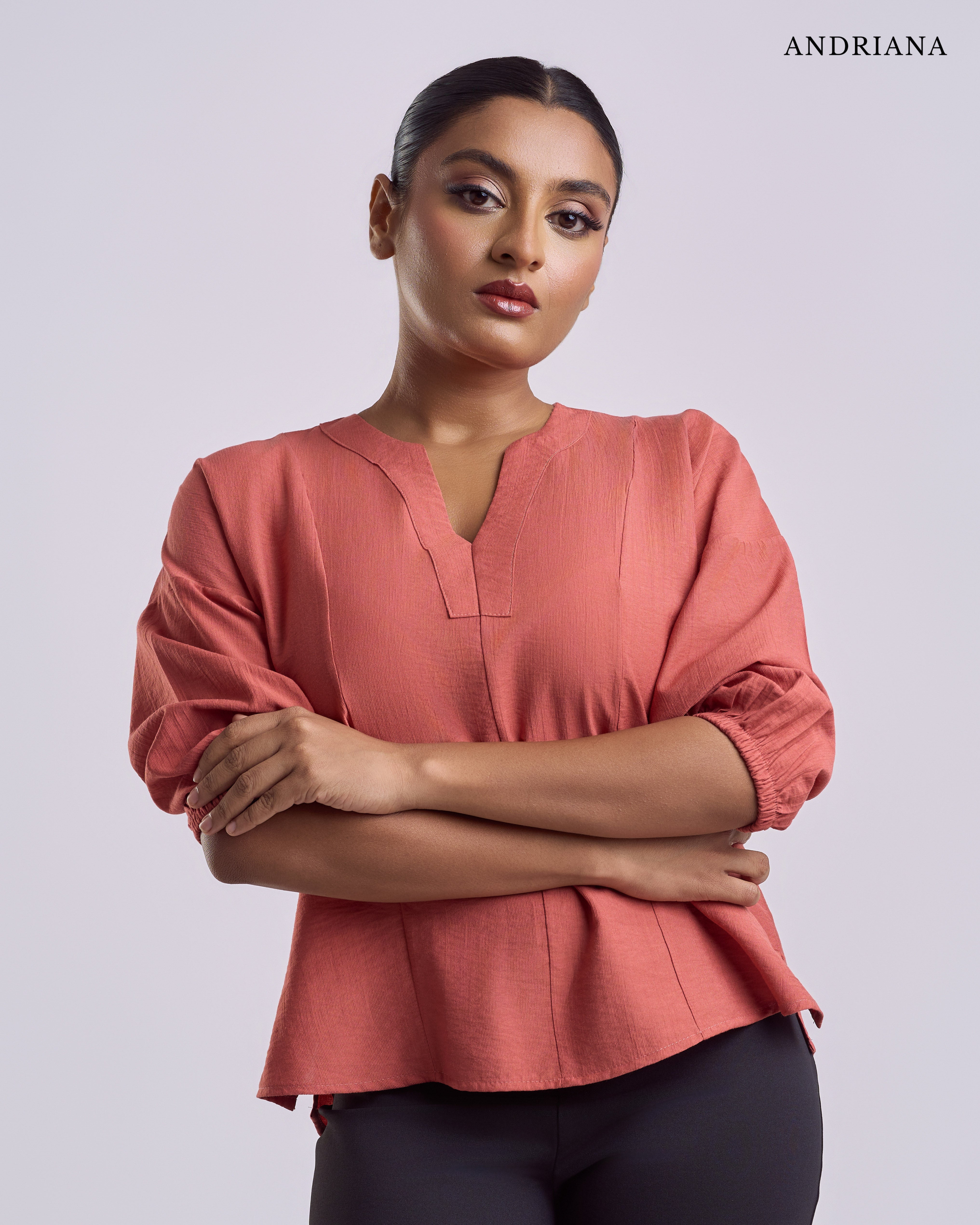 ANDRIANA Formal Slim Fit plain Blouse - Orange