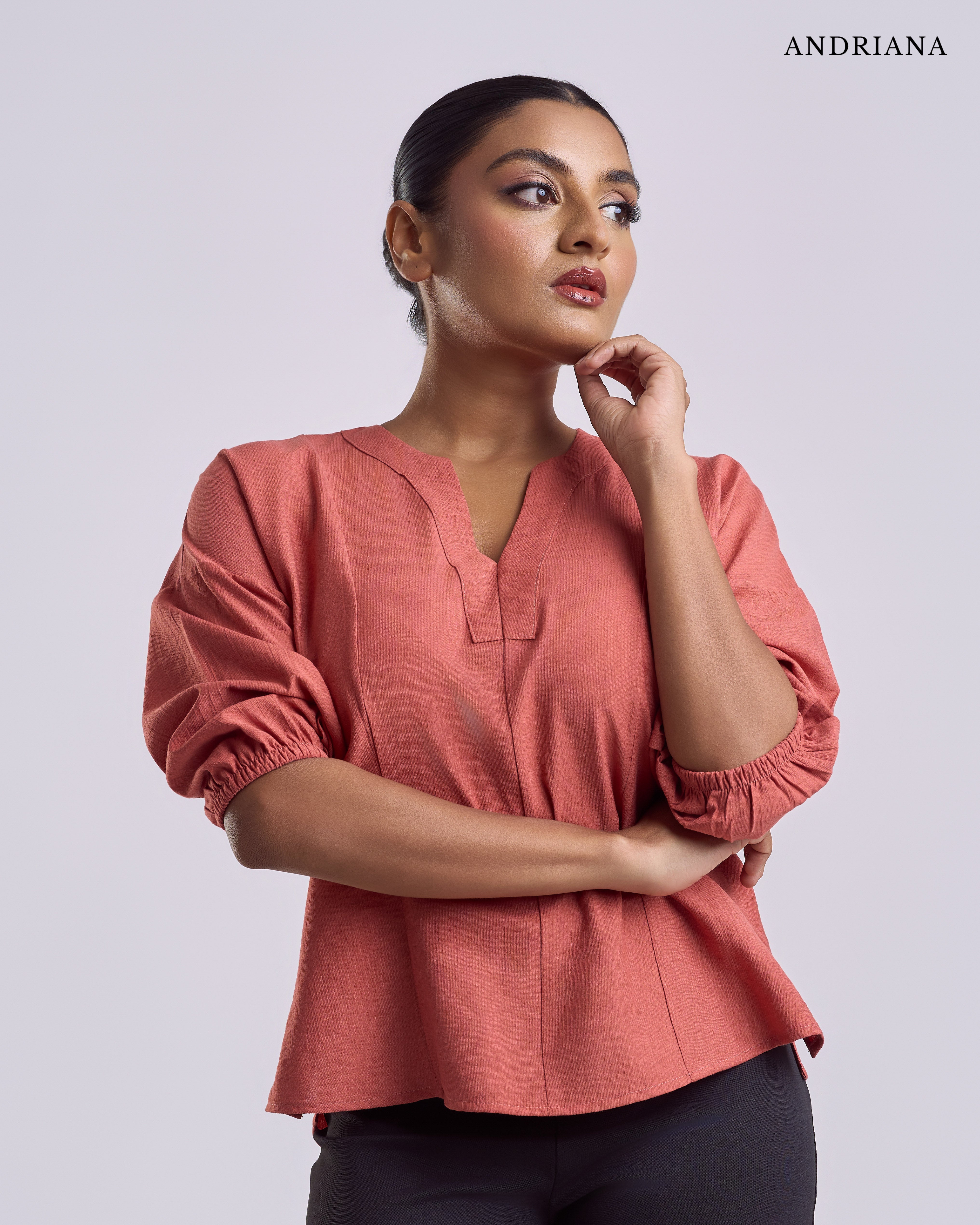 ANDRIANA Formal Slim Fit plain Blouse - Orange