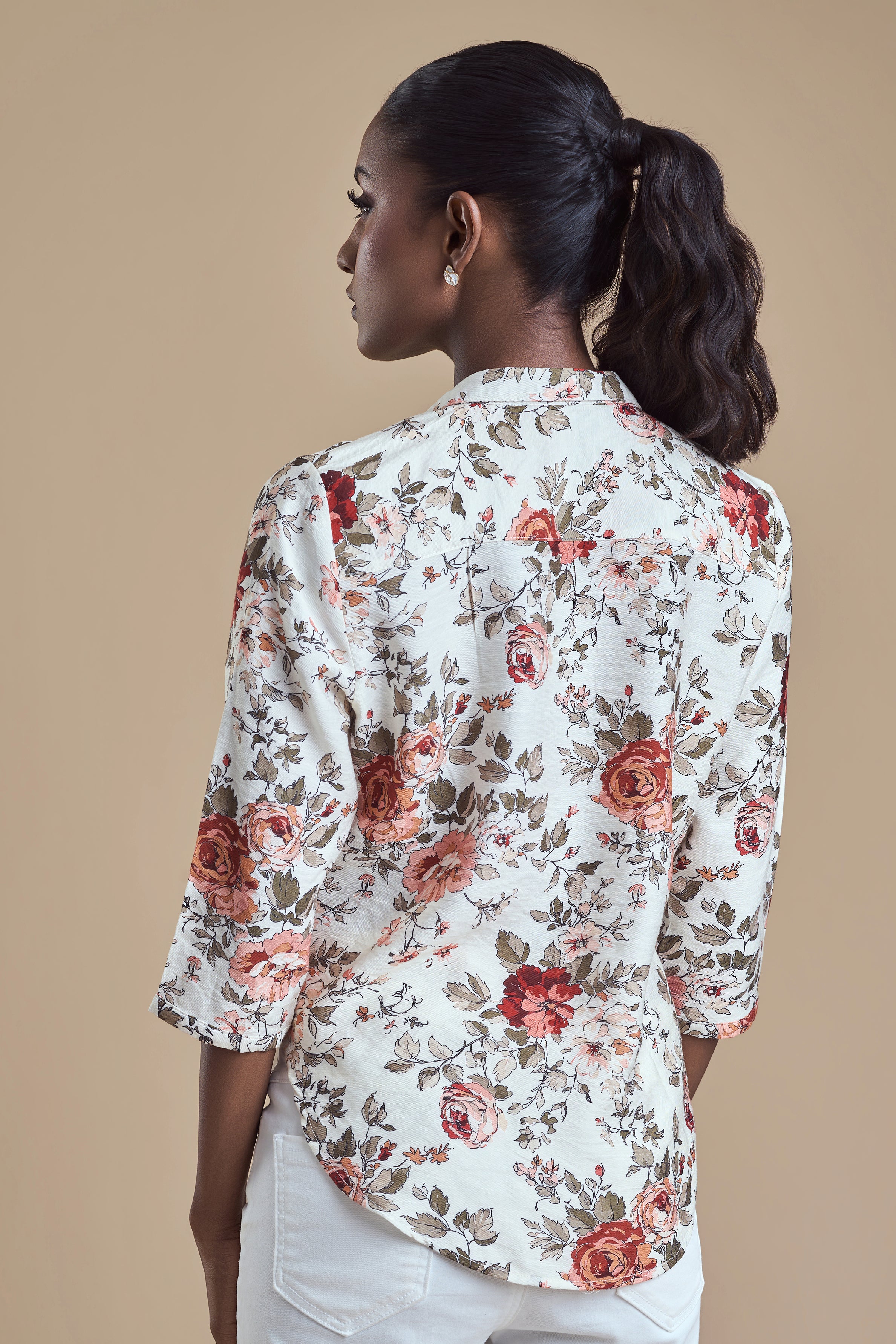 ANDRIANA Formal Printed Blouse - Beige